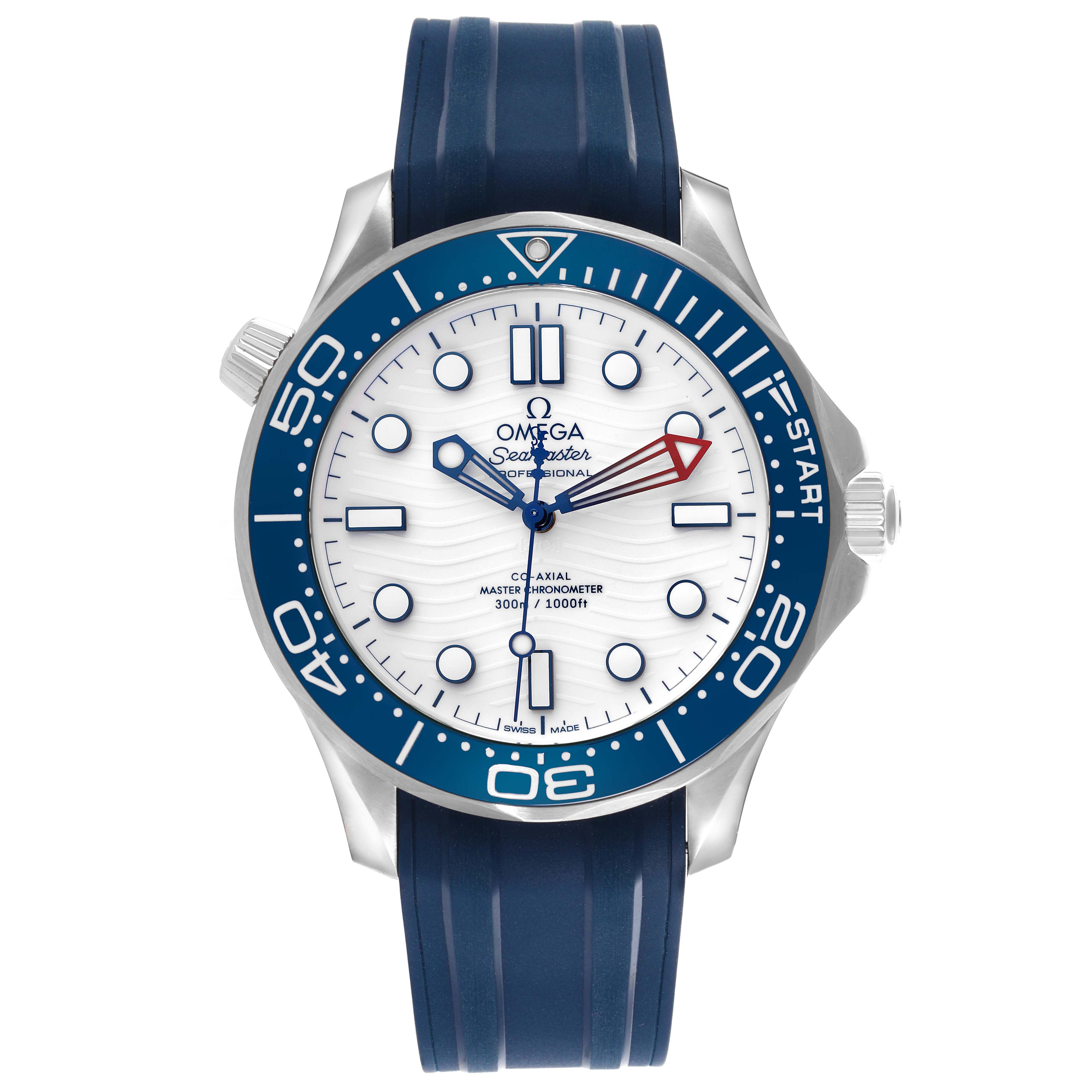 The Omega Seamaster 210.32.42.20.04.002 Men
s Stainless Steel White Dial 210.32.42.20.04.002 Men
s Stainless Steel White Dial watch is shown from the front, displaying the face, bezel, and strap.