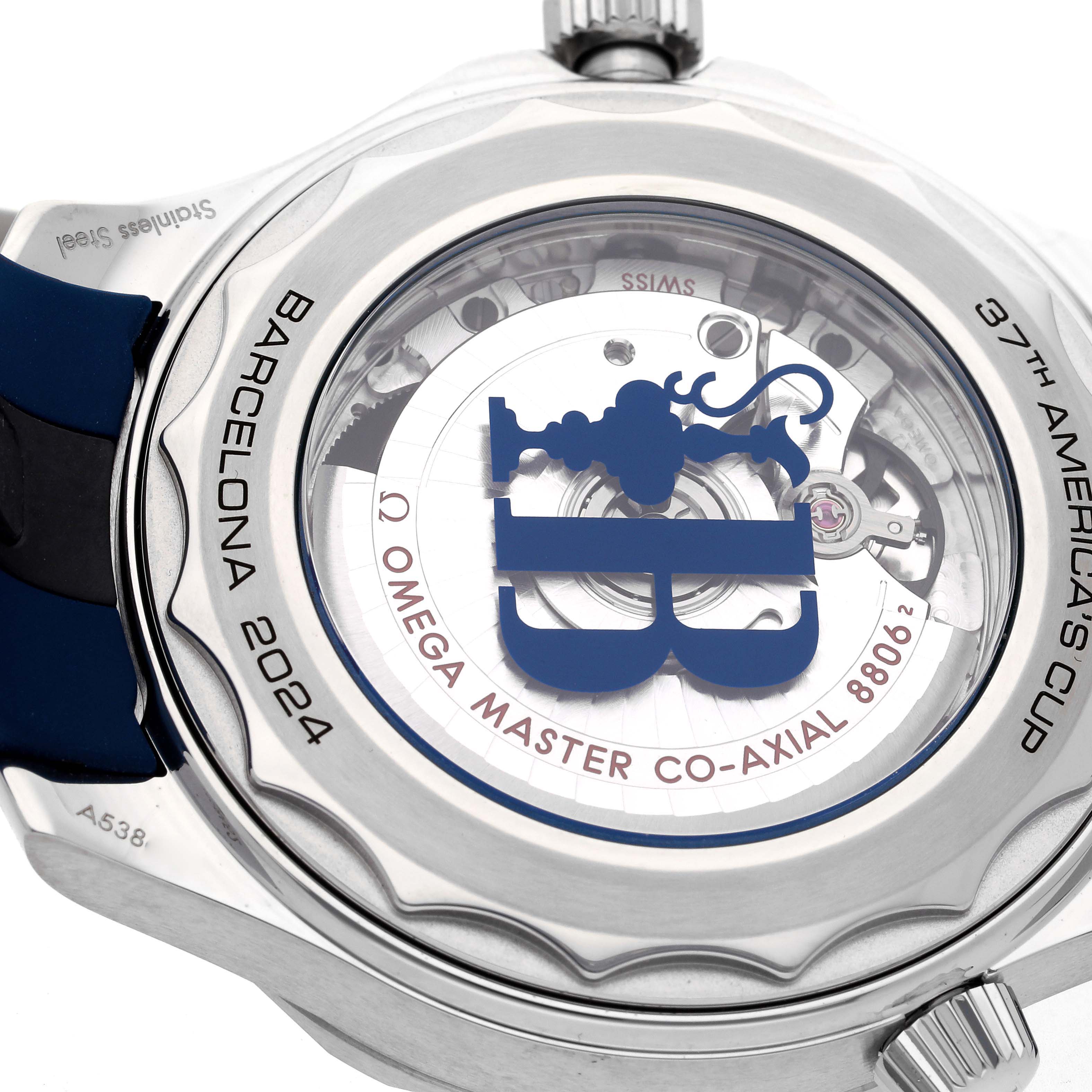 The image shows the case back of the Omega Seamaster 210.32.42.20.04.002 Men
s Stainless Steel White Dial 210.32.42.20.04.002 Men
s Stainless Steel White Dial watch, highlighting its movement and engravings.