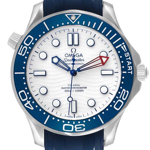 The Omega Seamaster watch is shown from a front angle, highlighting its blue bezel and white dial.