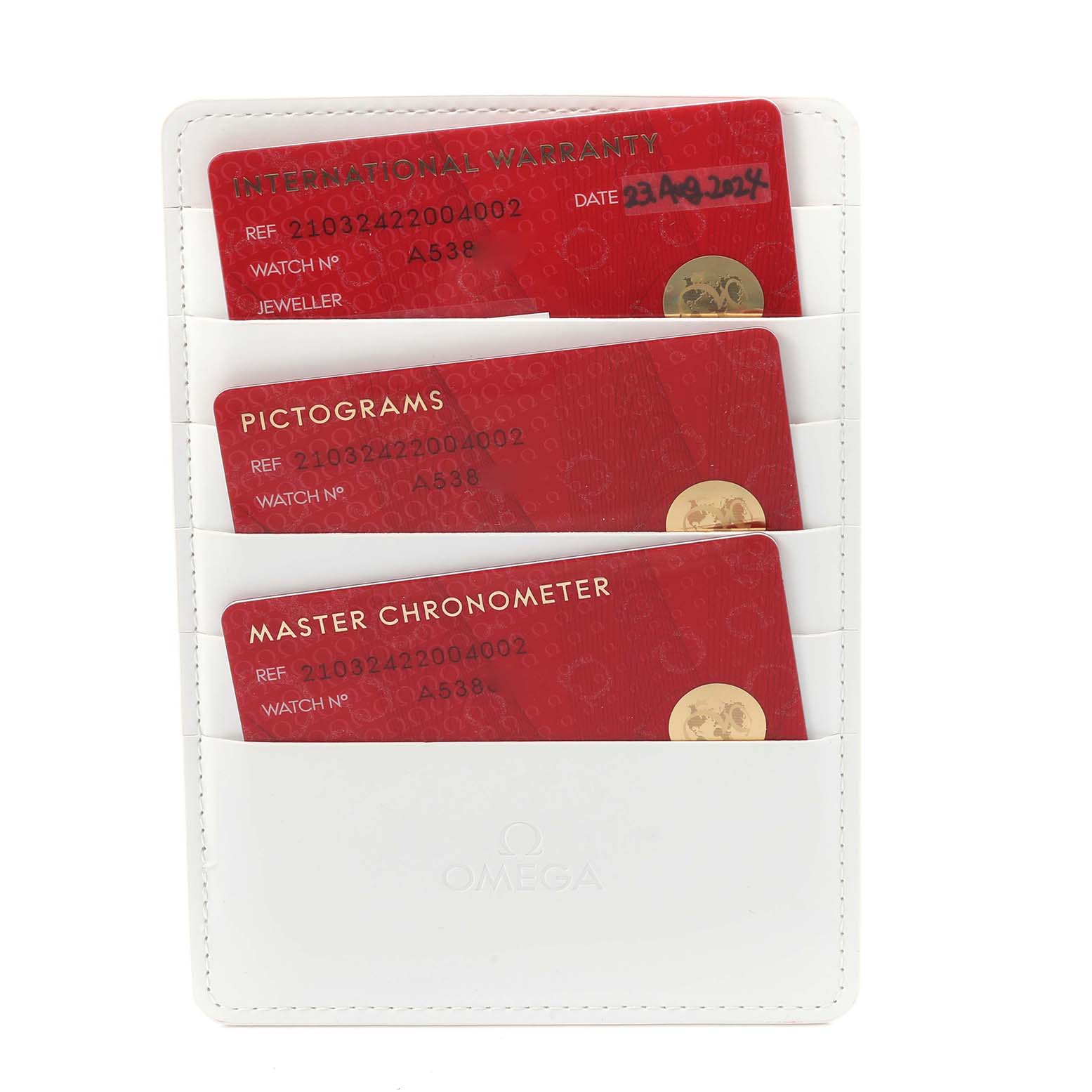 The image shows Omega Seamaster 210.32.42.20.04.002 Men
s Stainless Steel White Dial 210.32.42.20.04.002 Men
s Stainless Steel White Dial warranty cards held in a white cardholder.