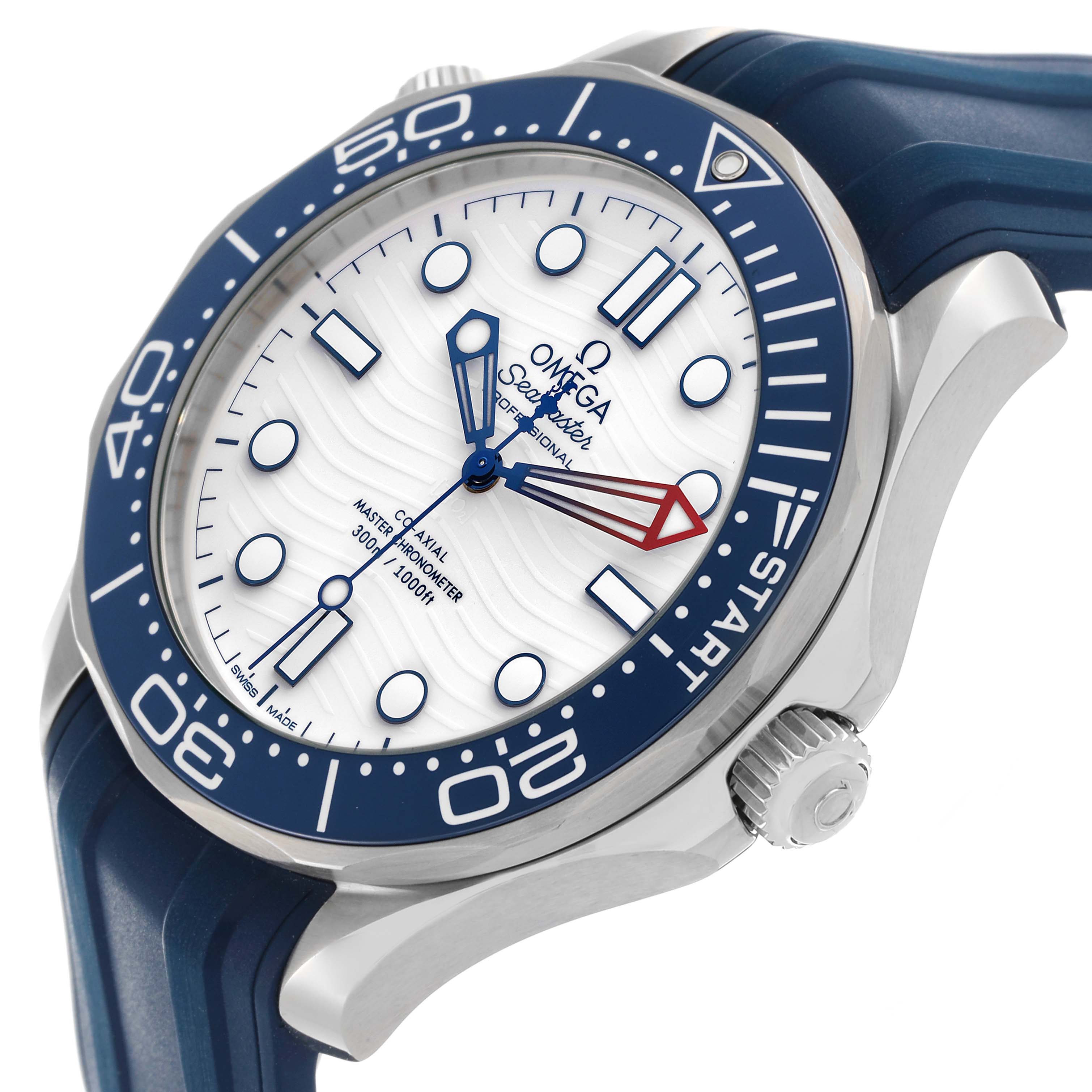 The Omega Seamaster 210.32.42.20.04.002 Men
s Stainless Steel White Dial 210.32.42.20.04.002 Men
s Stainless Steel White Dial watch is shown at a slight angle, highlighting the dial, bezel, crown, and strap.