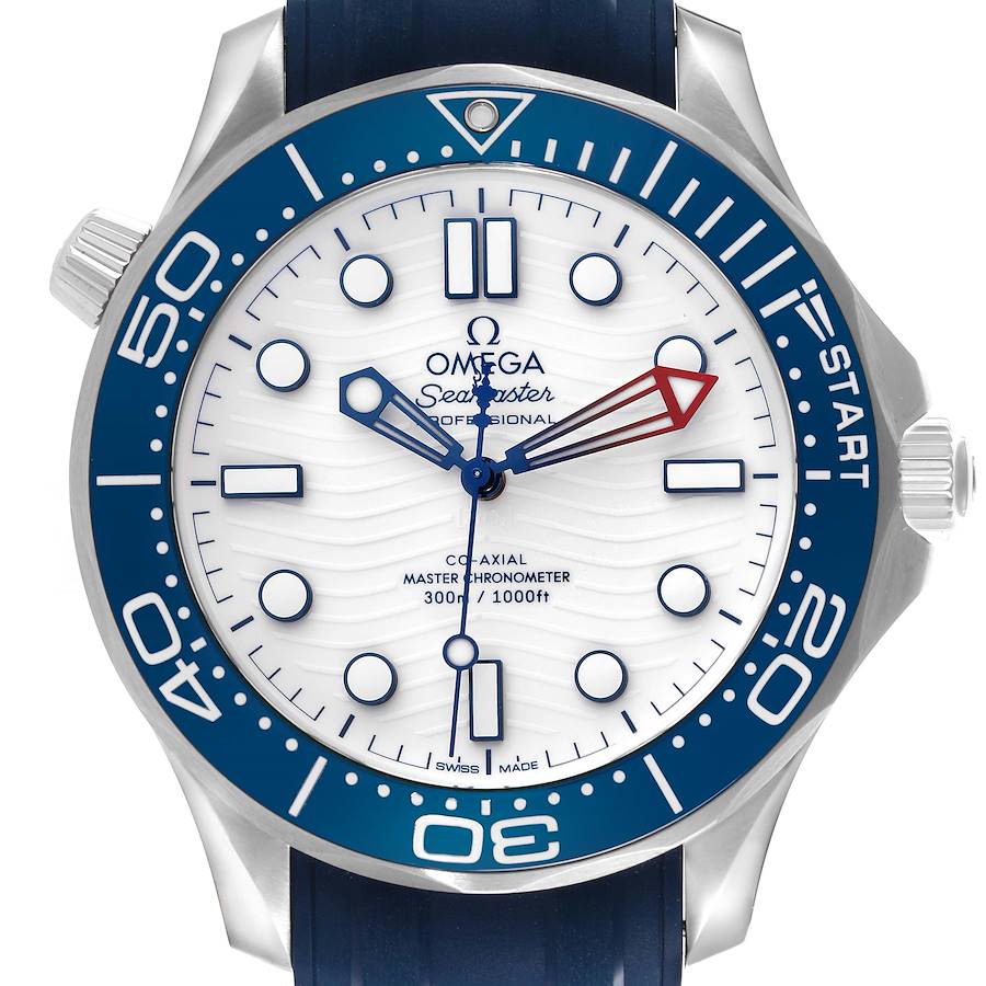 The image shows a front view of the Omega Seamaster watch, highlighting the dial, bezel, and crown.