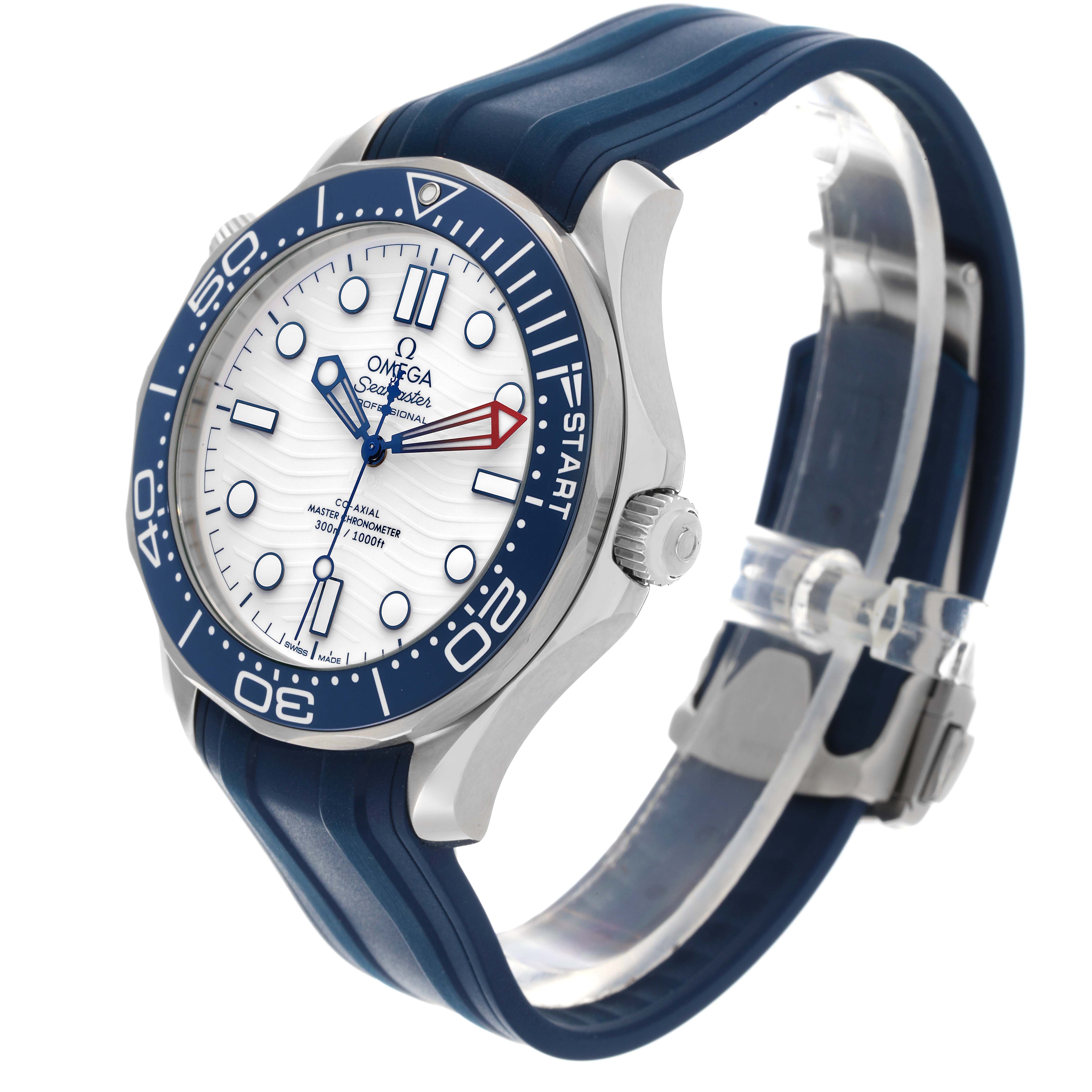 The Omega Seamaster 210.32.42.20.04.002 Men
s Stainless Steel White Dial 210.32.42.20.04.002 Men
s Stainless Steel White Dial watch is shown at a 3/4 angle, highlighting the face, bezel, and blue rubber strap.