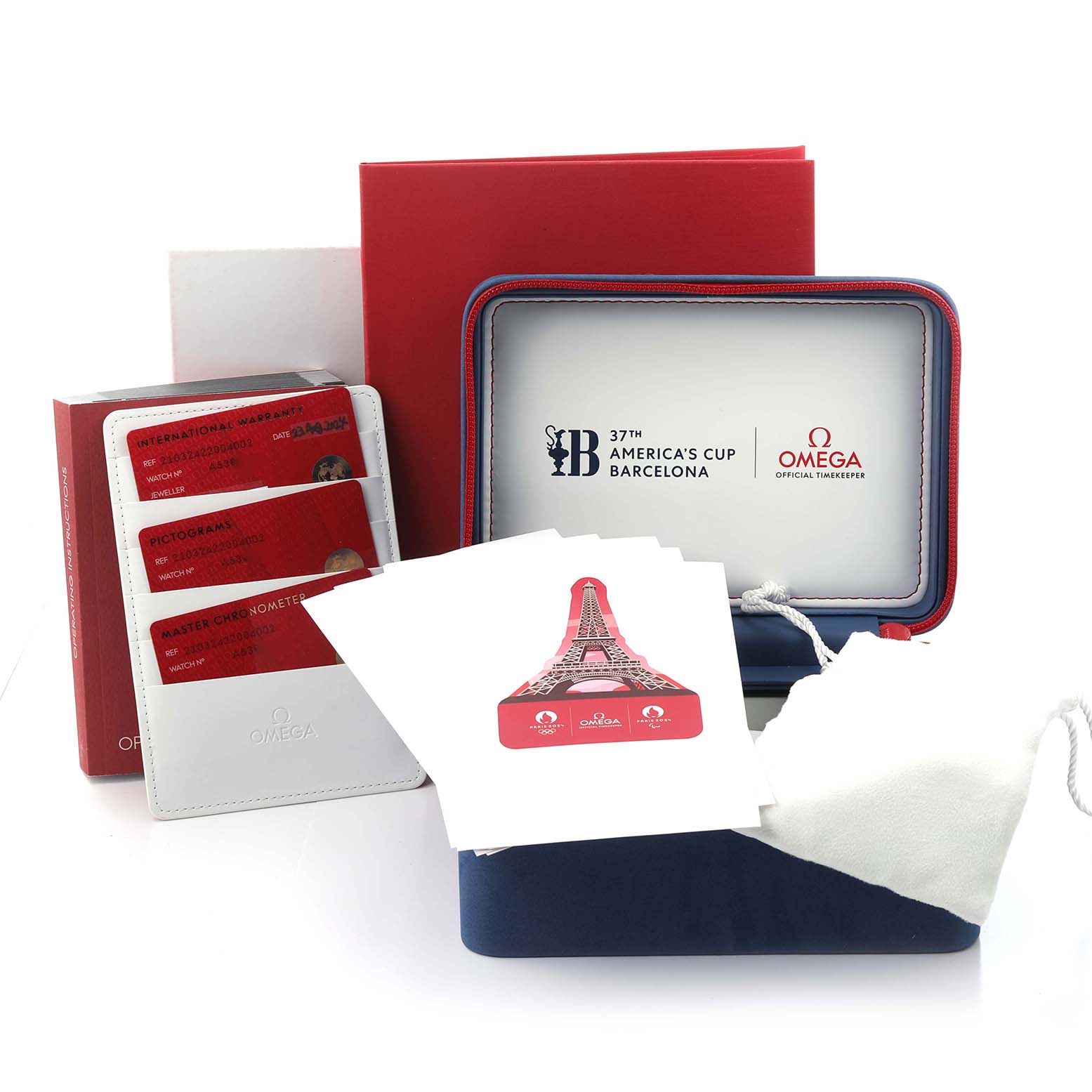 The image shows accessories for the Omega Seamaster 210.32.42.20.04.002 Men
s Stainless Steel White Dial 210.32.42.20.04.002 Men
s Stainless Steel White Dial, including the watch box, cards, and a case at a front-facing angle.