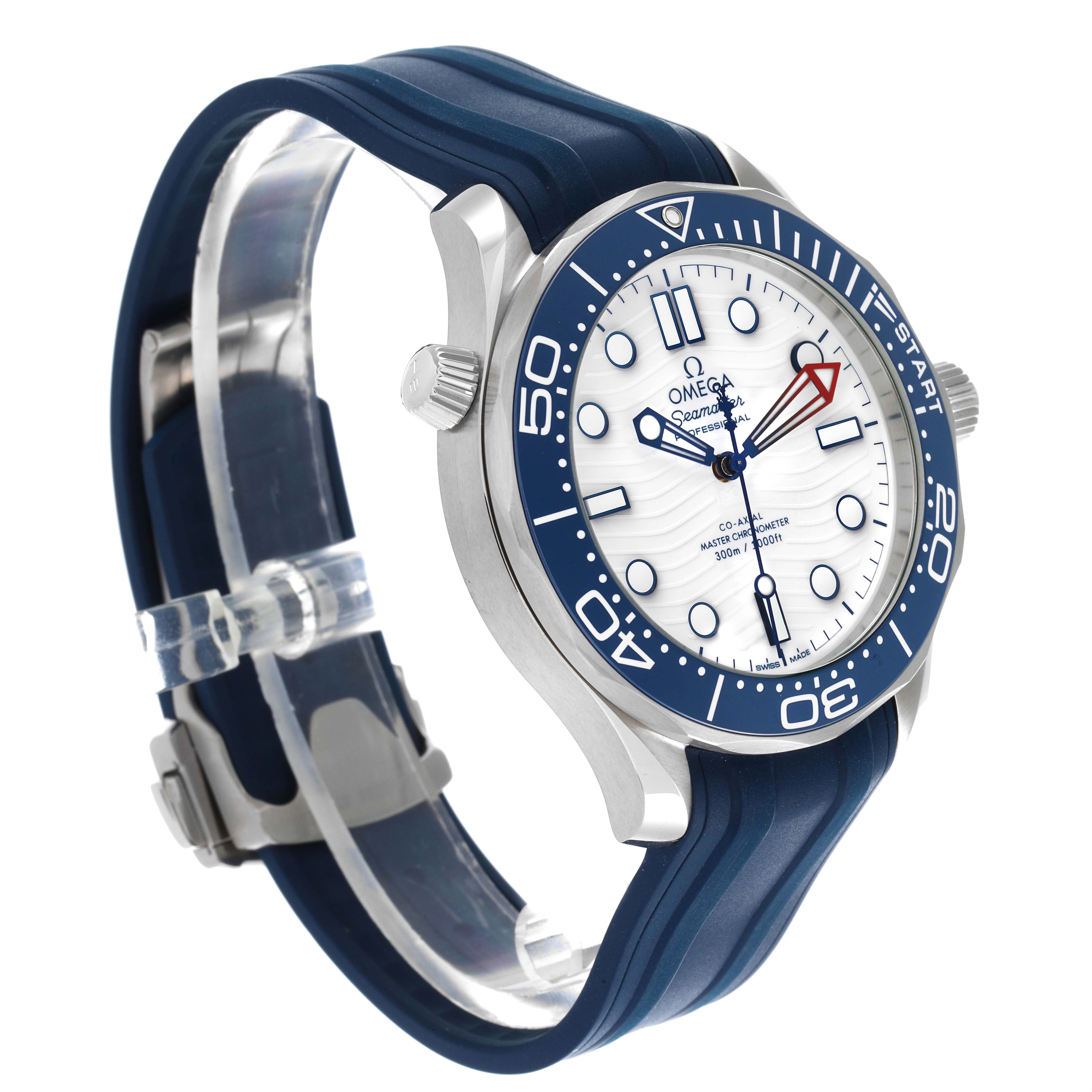 The Omega Seamaster 210.32.42.20.04.002 Men
s Stainless Steel White Dial 210.32.42.20.04.002 Men
s Stainless Steel White Dial watch is shown from a three-quarter angle, highlighting the face, bezel, strap, and crown.