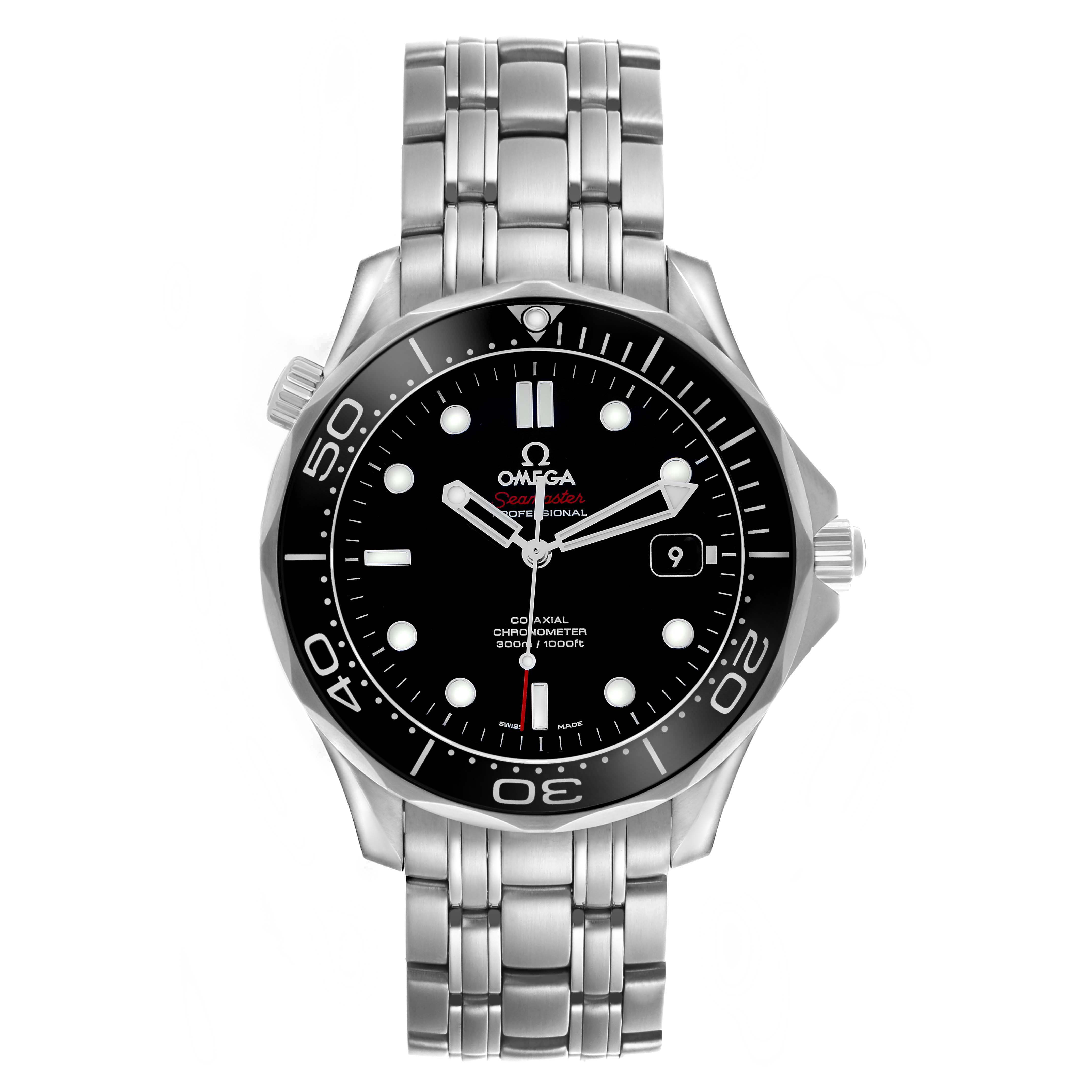 The Omega Seamaster 212.30.41.20.01.003 Men's Stainless Steel Black Dial watch is shown front-facing, featuring the bezel, dial, hands, crown, and stainless steel bracelet.