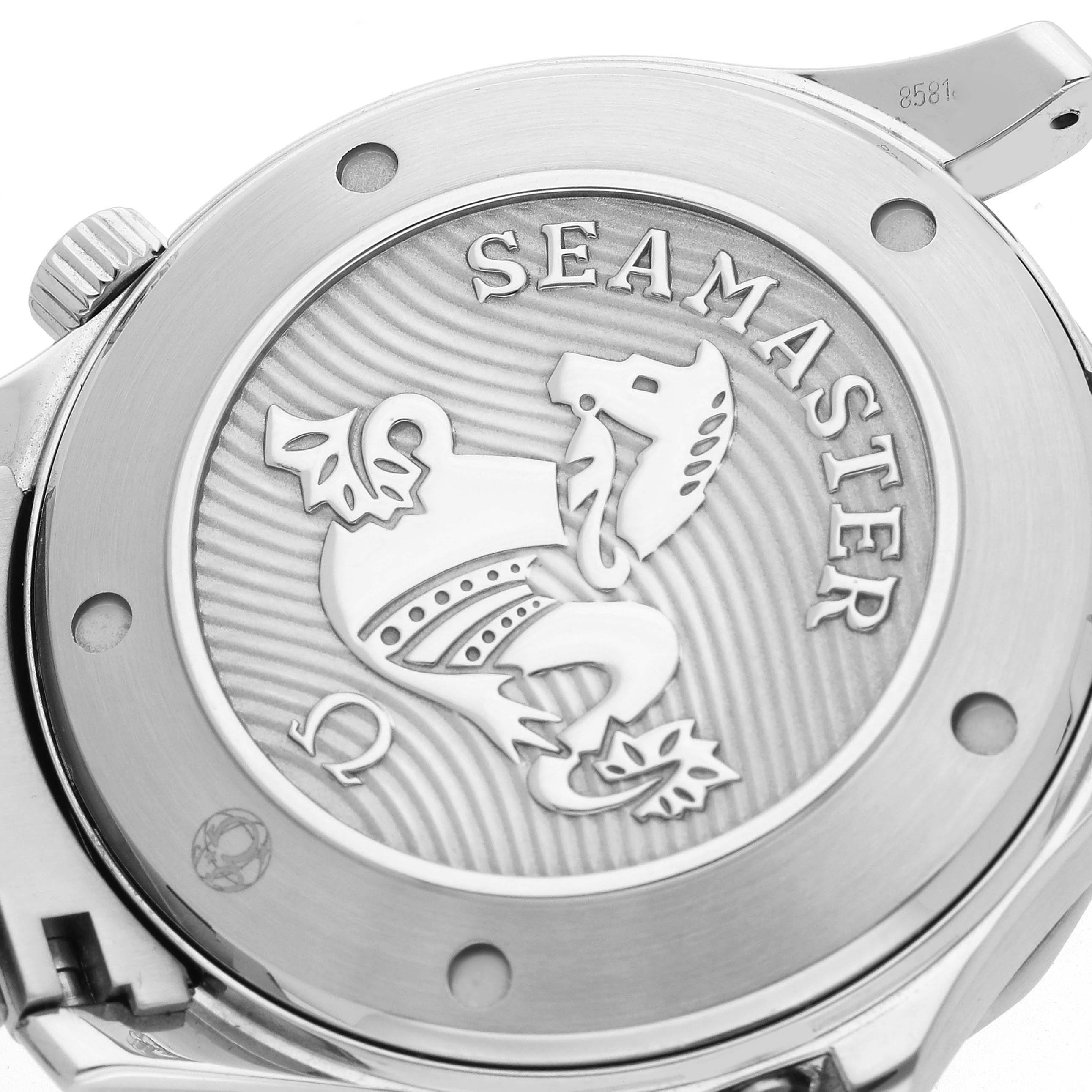 The image shows the back of an Omega Seamaster 212.30.41.20.01.003 Men's Stainless Steel Black Dial watch featuring its embossed design.