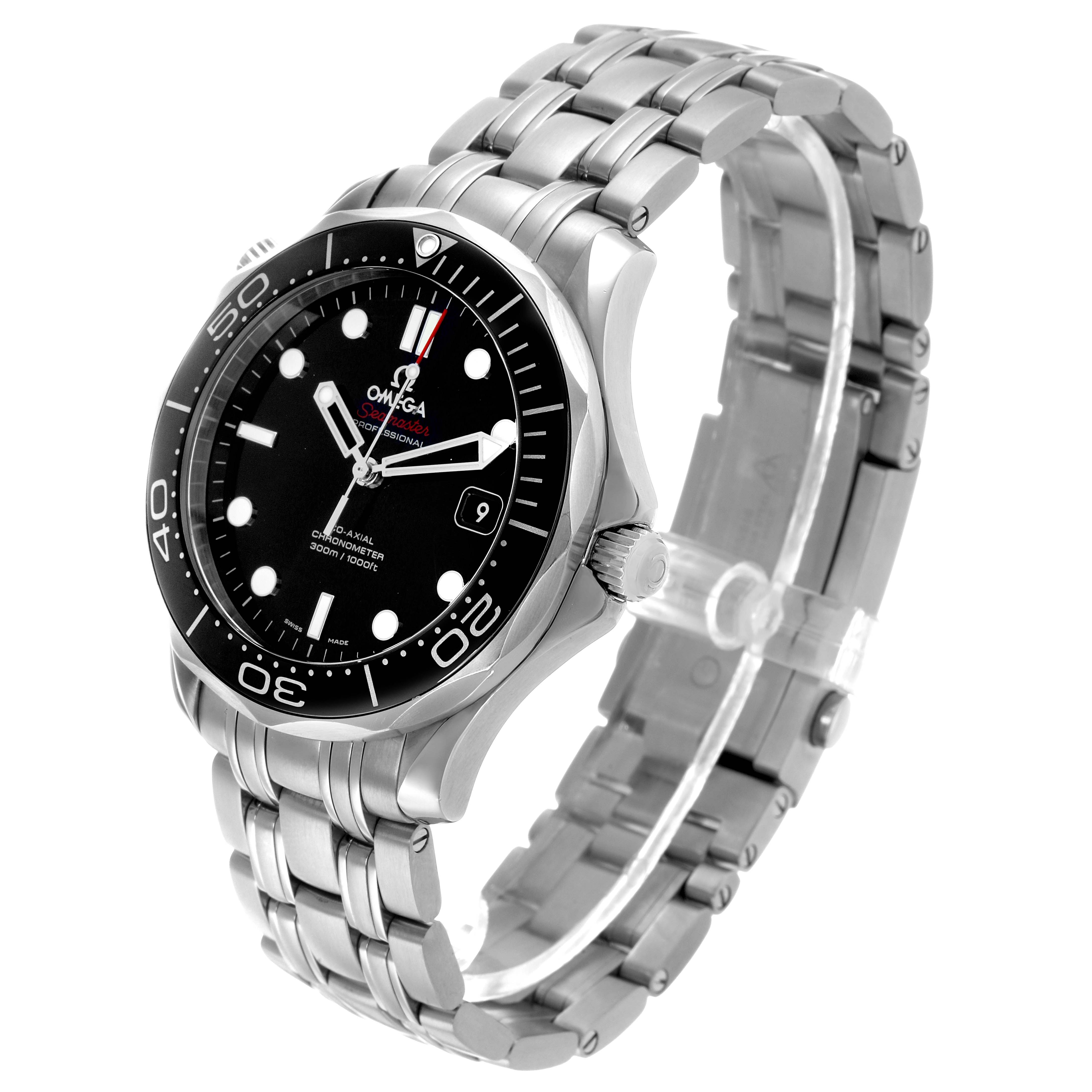 The Omega Seamaster 212.30.41.20.01.003 Men's Stainless Steel Black Dial watch is shown at a three-quarter angle, displaying the face, bezel, and bracelet links.