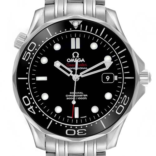 The Omega Seamaster 212.30.41.20.01.003 Men's Stainless Steel Black Dial watch is shown from a front angle, displaying the dial, bezel, crown, and part of the bracelet.