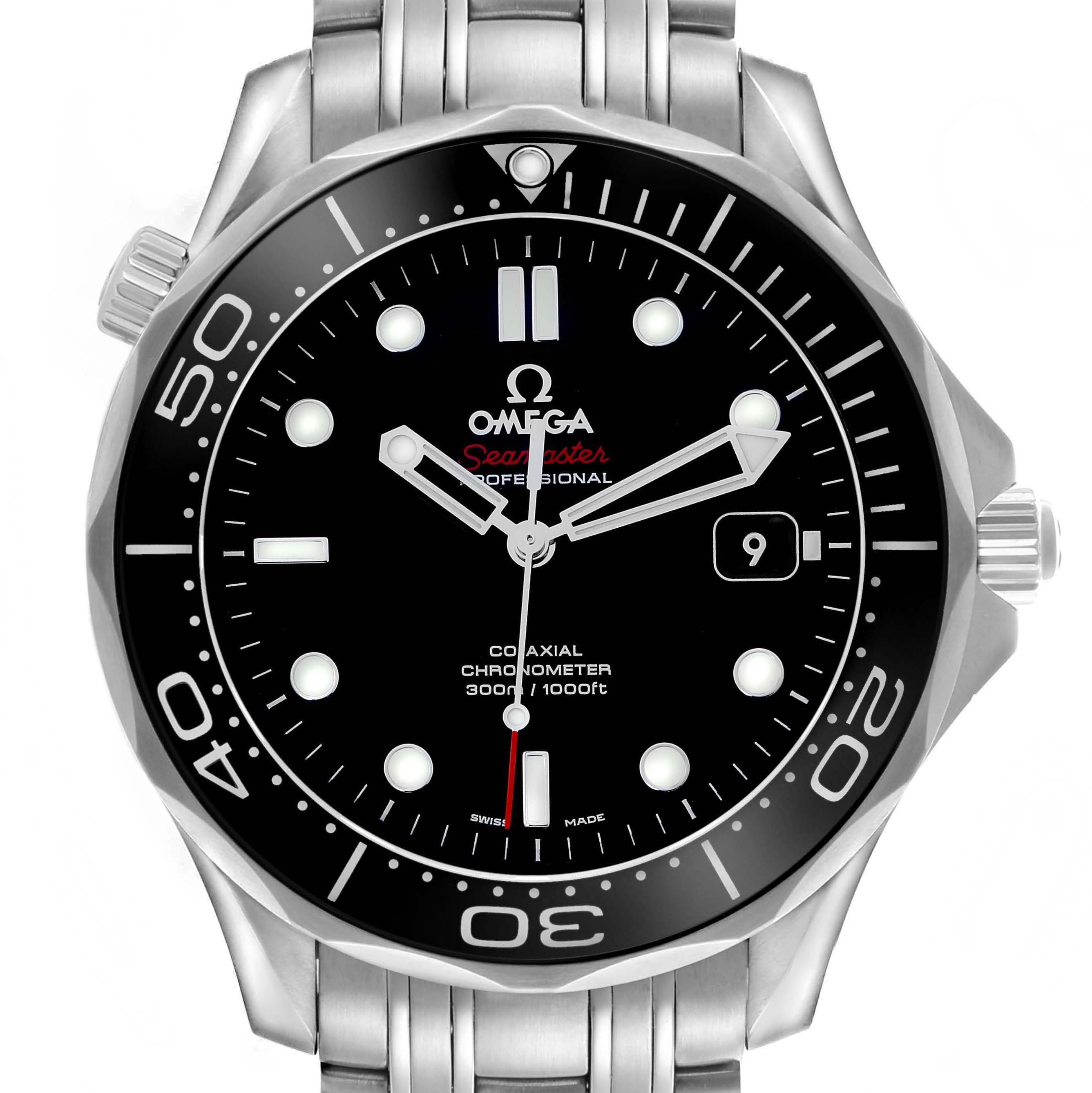 The Omega Seamaster 212.30.41.20.01.003 Men's Stainless Steel Black Dial watch is shown from the front, displaying its black dial, bezel, and stainless steel strap.