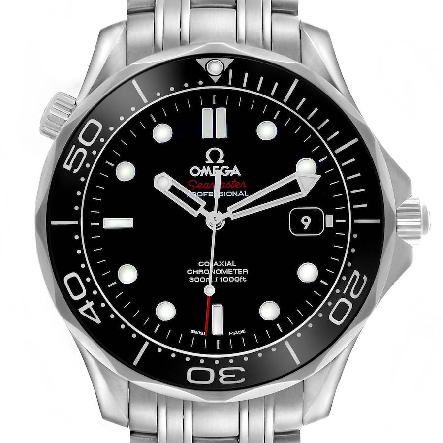 The Omega Seamaster 212.30.41.20.01.003 Men's Stainless Steel Black Dial watch is shown from the front, displaying its black dial, bezel, and stainless steel strap.