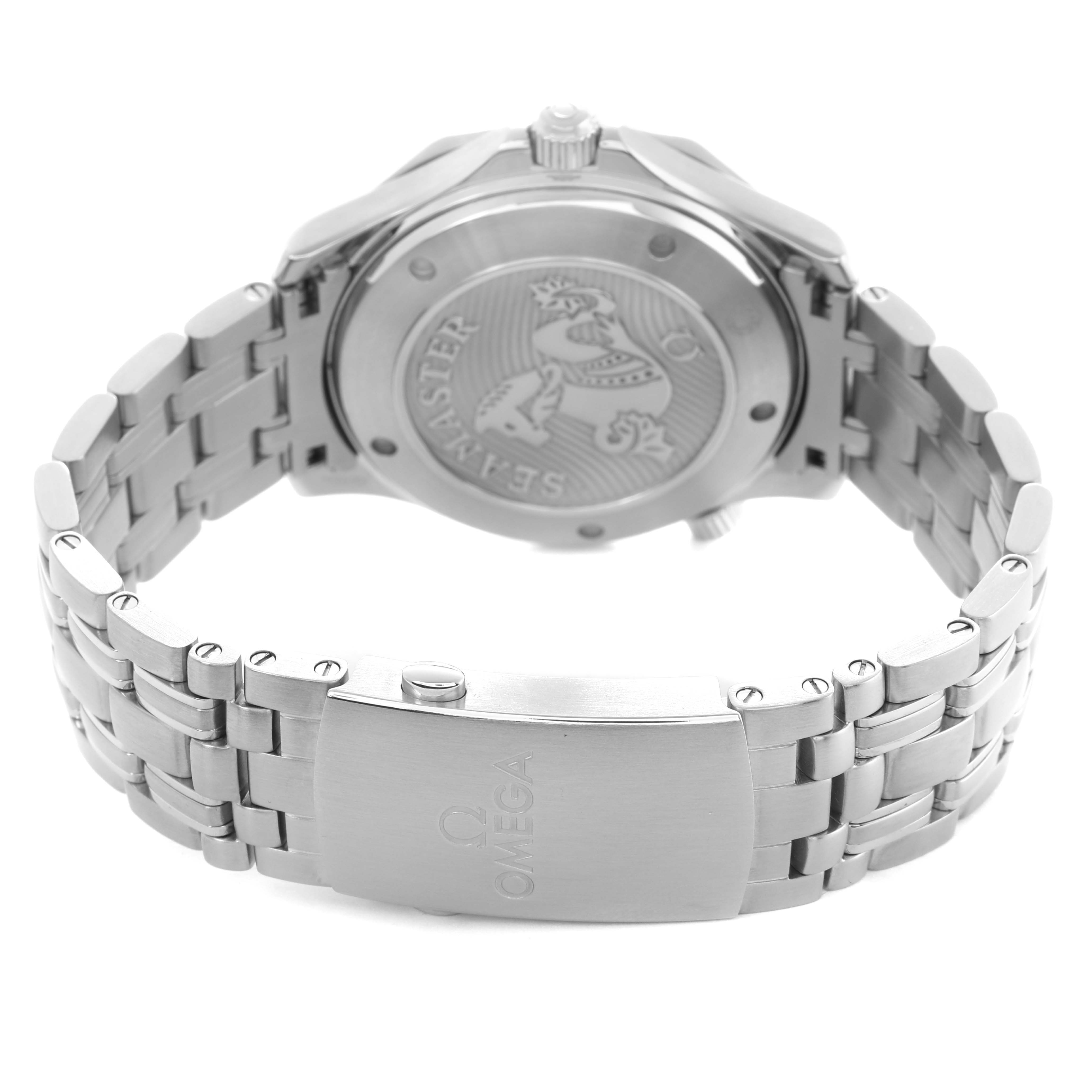 The Omega Seamaster 212.30.41.20.01.003 Men's Stainless Steel Black Dial watch is shown from the back, highlighting its engraved case back and metal bracelet with the Omega logo clasp.