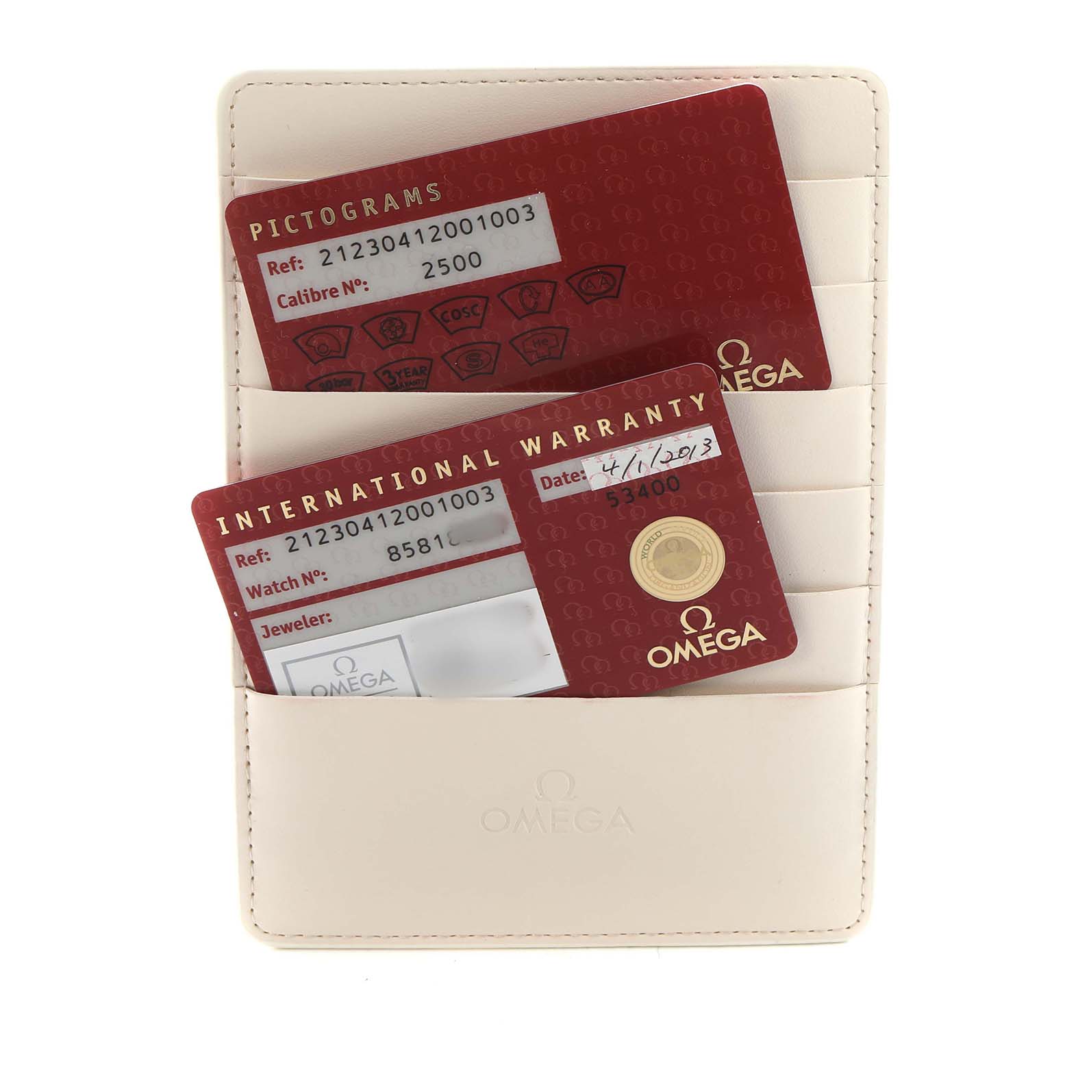 The image shows Omega Seamaster 212.30.41.20.01.003 Men's Stainless Steel Black Dial warranty and pictogram cards in a cream card holder.