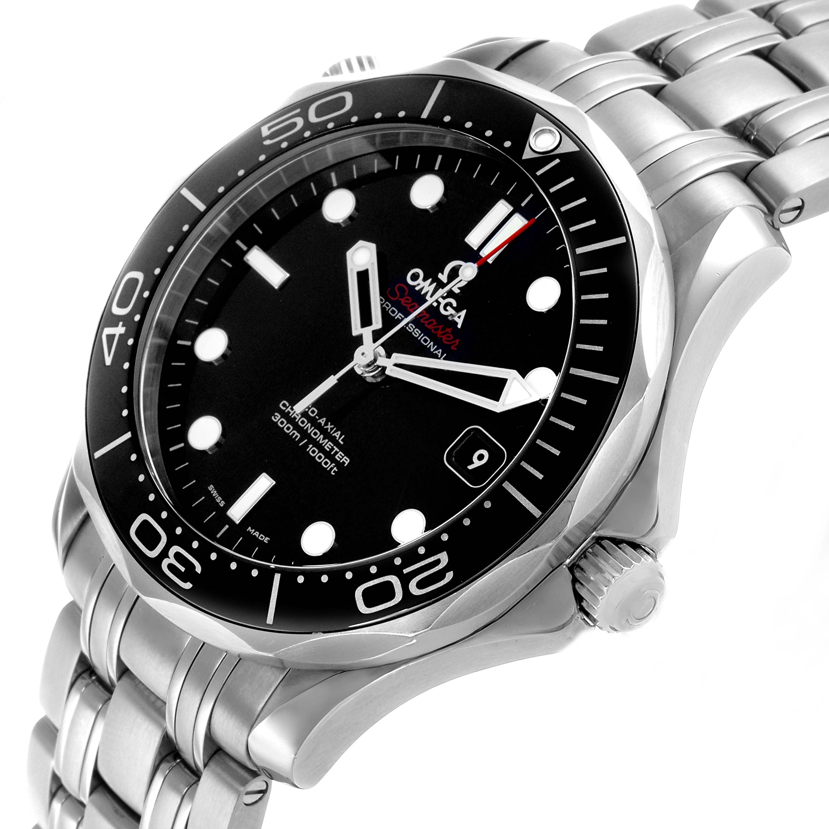 The Omega Seamaster 212.30.41.20.01.003 Men's Stainless Steel Black Dial is shown at a slight angle highlighting the face, bezel, crown, and part of the bracelet.