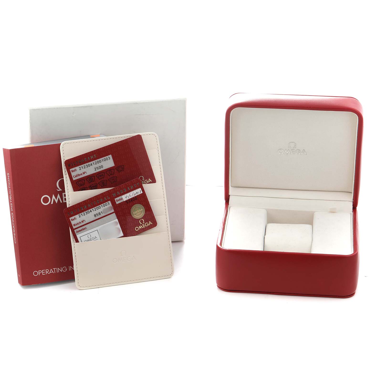 The image shows a red Omega Seamaster 212.30.41.20.01.003 Men's Stainless Steel Black Dial watch box with certificates and an operating instructions booklet.