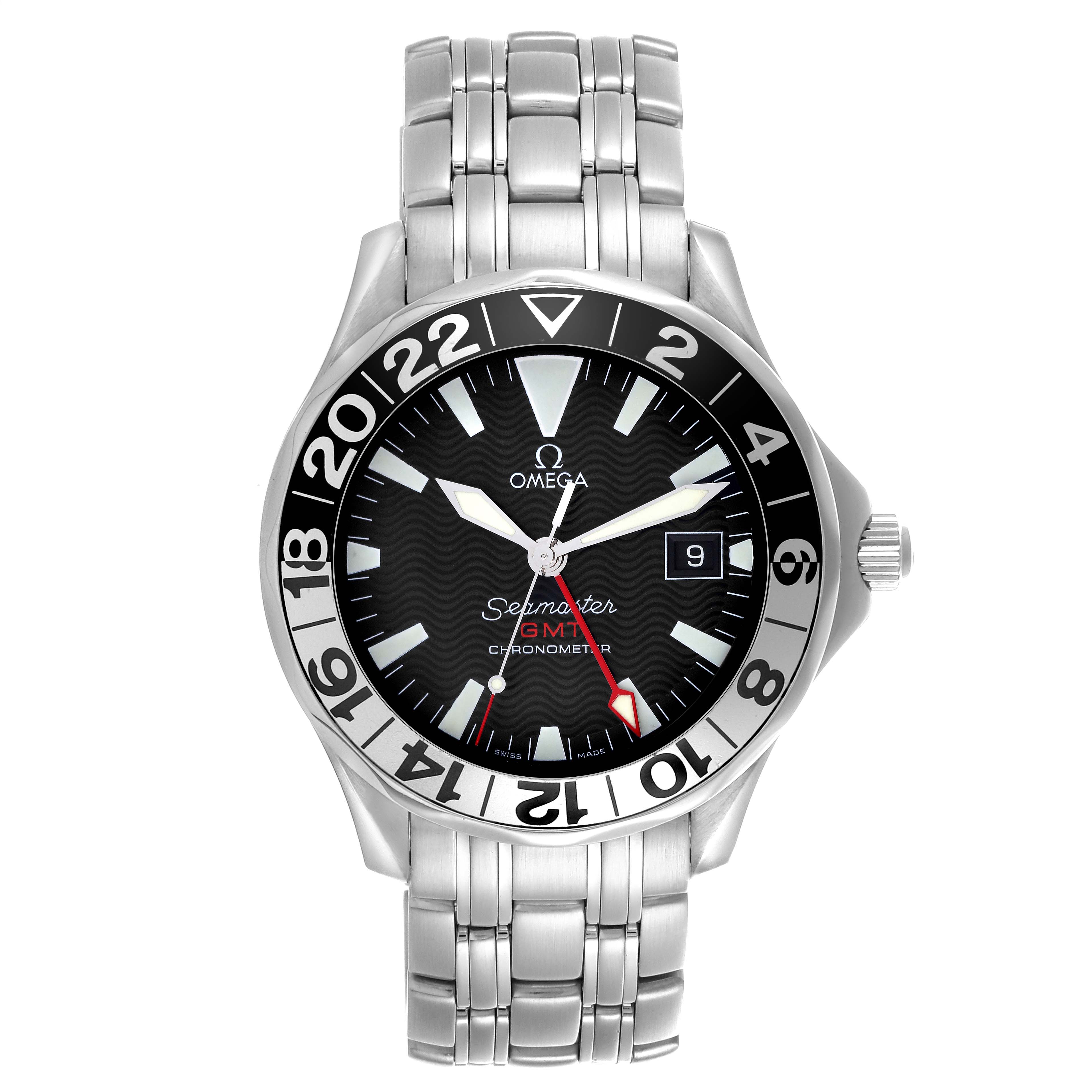 The Omega Seamaster 2534.50.00 Men
s Stainless Steel Black Dial 2534.50.00 Men
s Stainless Steel Black Dial watch is shown from a front angle, highlighting the face, bezel, crown, and bracelet.