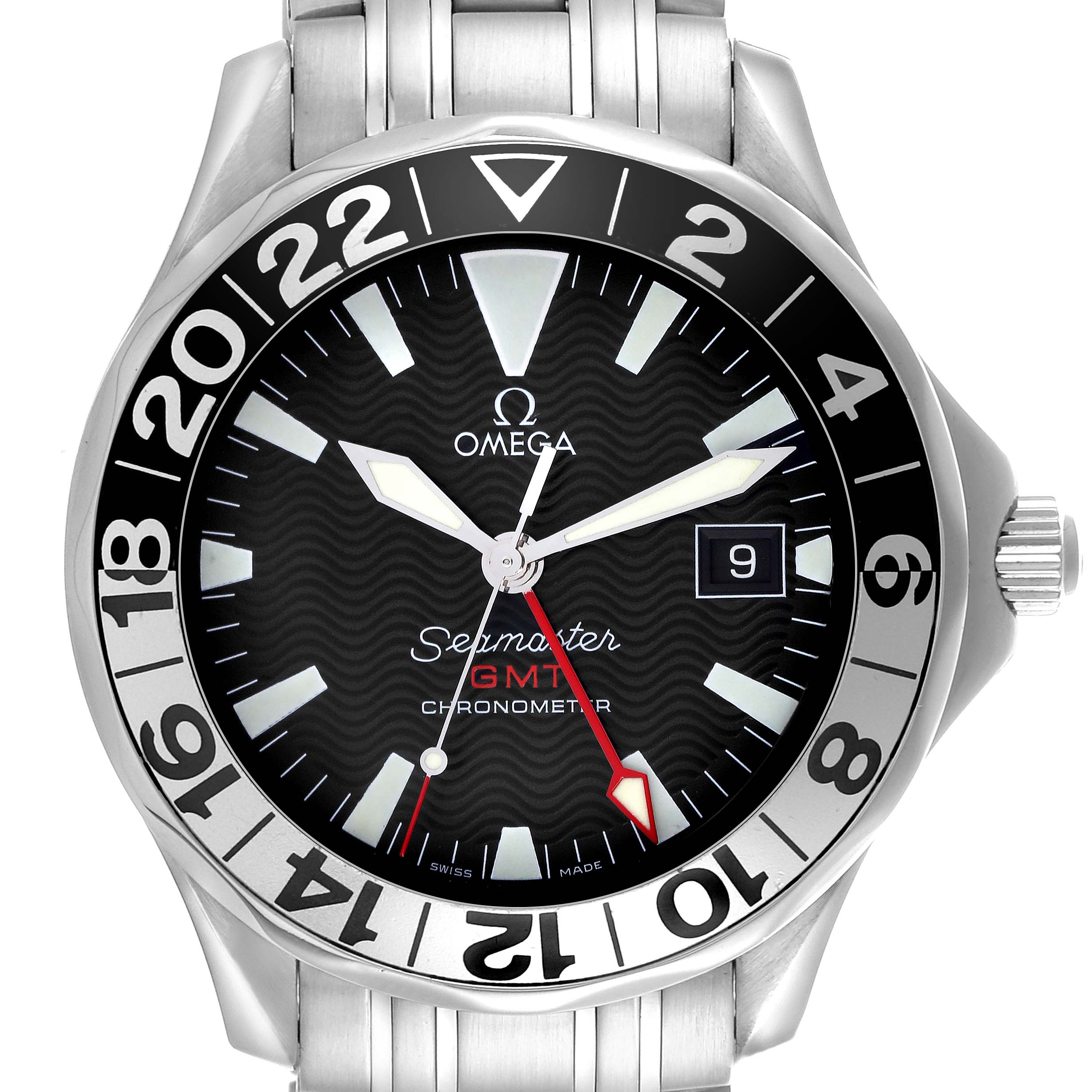 The Omega Seamaster 2534.50.00 Men
s Stainless Steel Black Dial 2534.50.00 Men
s Stainless Steel Black Dial watch is shown from a front angle, displaying the dial, bezel, and part of the bracelet.