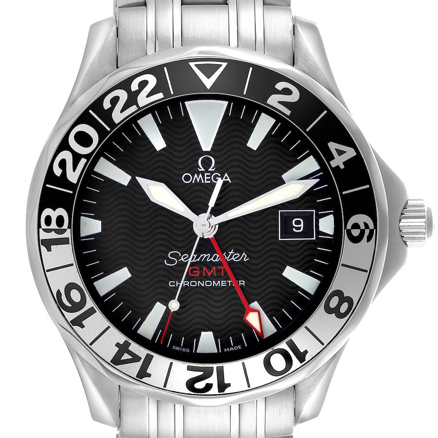 The Omega Seamaster watch is shown from a front angle, displaying the dial, bezel, and part of the bracelet.