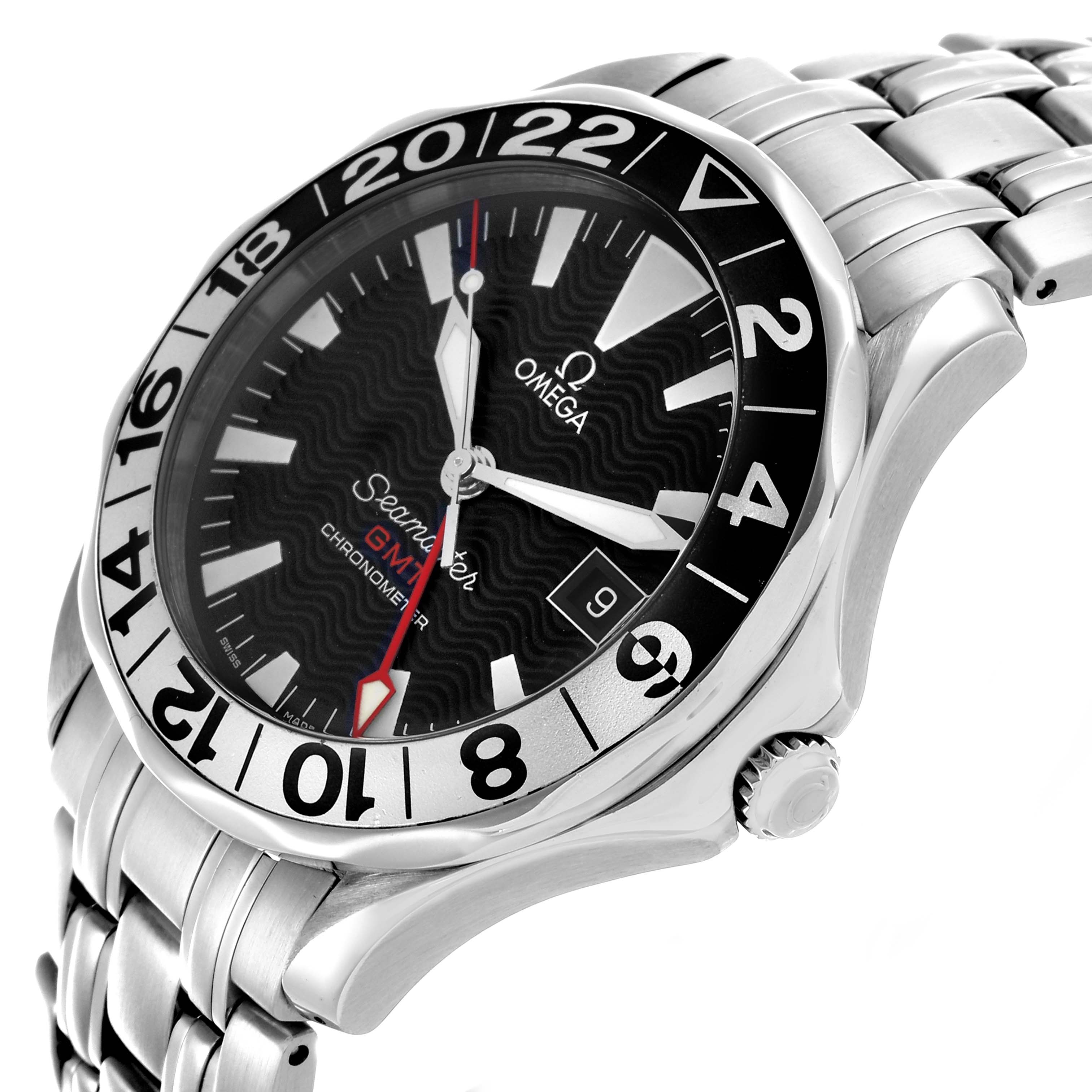 The Omega Seamaster 2534.50.00 Men
s Stainless Steel Black Dial 2534.50.00 Men
s Stainless Steel Black Dial watch is shown at an oblique angle, displaying its bezel, dial, and bracelet.