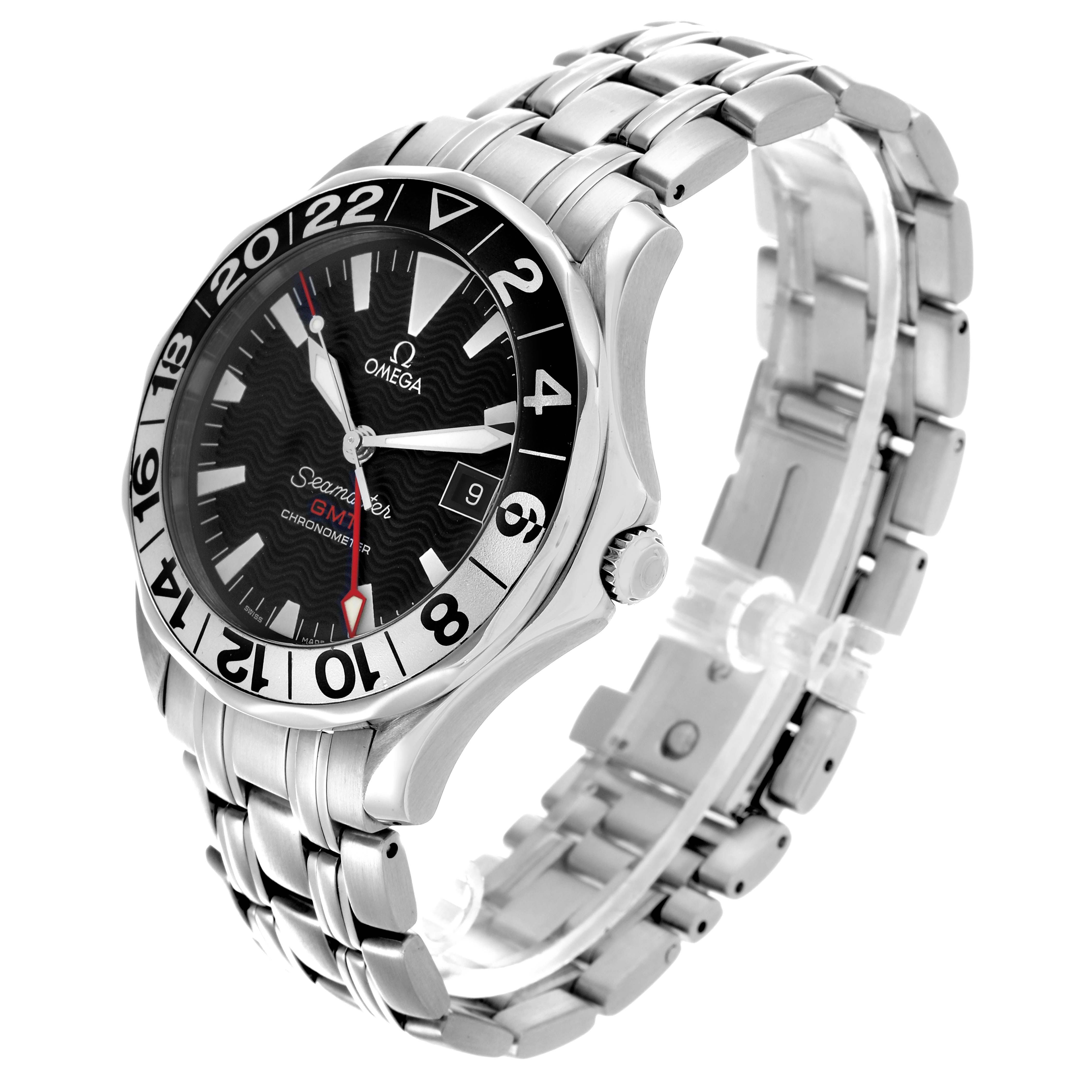 The Omega Seamaster 2534.50.00 Men
s Stainless Steel Black Dial 2534.50.00 Men
s Stainless Steel Black Dial watch is shown at a three-quarter angle, displaying the face, bezel, crown, and stainless steel bracelet.