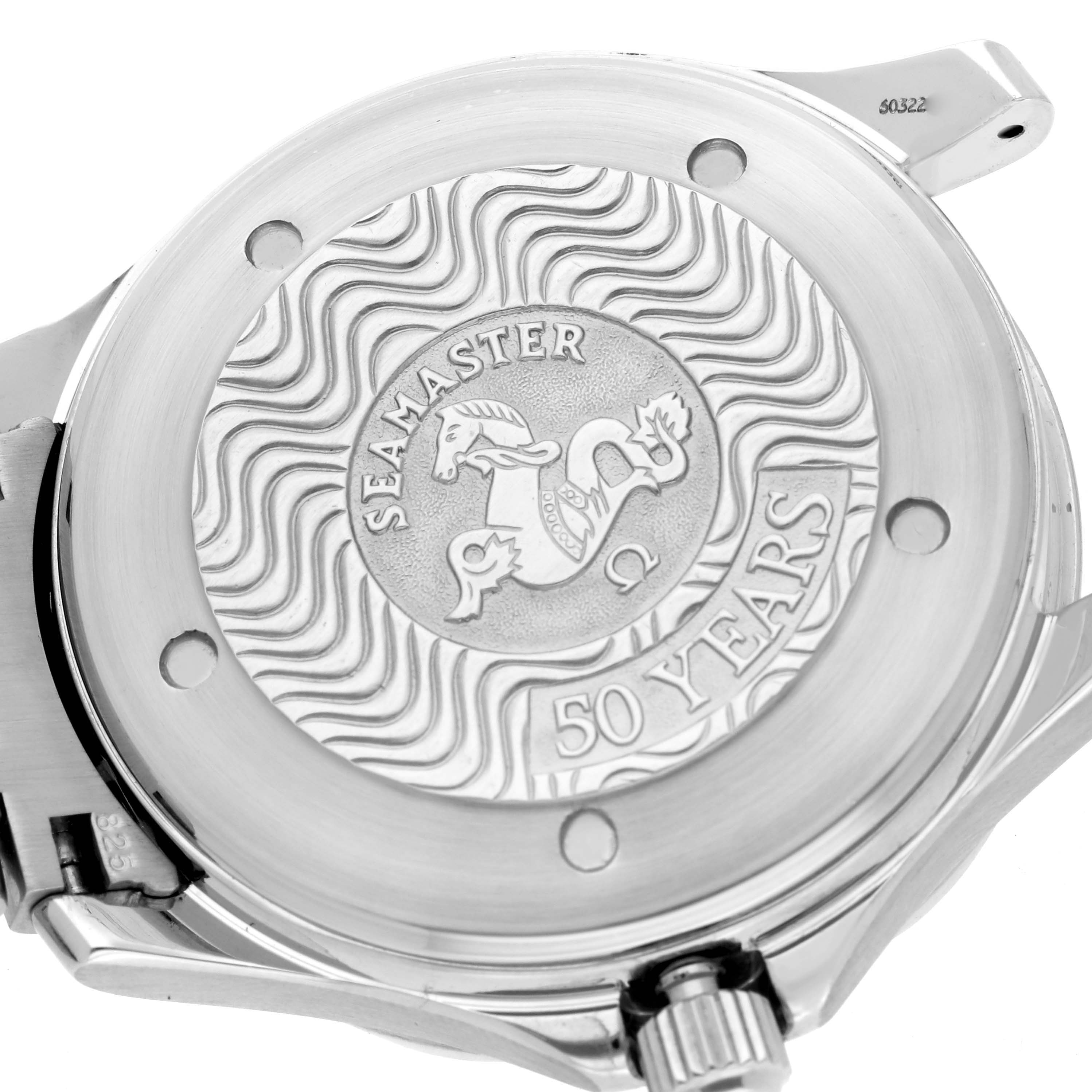 The image shows the back case of an Omega Seamaster 2534.50.00 Men
s Stainless Steel Black Dial 2534.50.00 Men
s Stainless Steel Black Dial watch, displaying its embossed design and "50 Years" engraving.