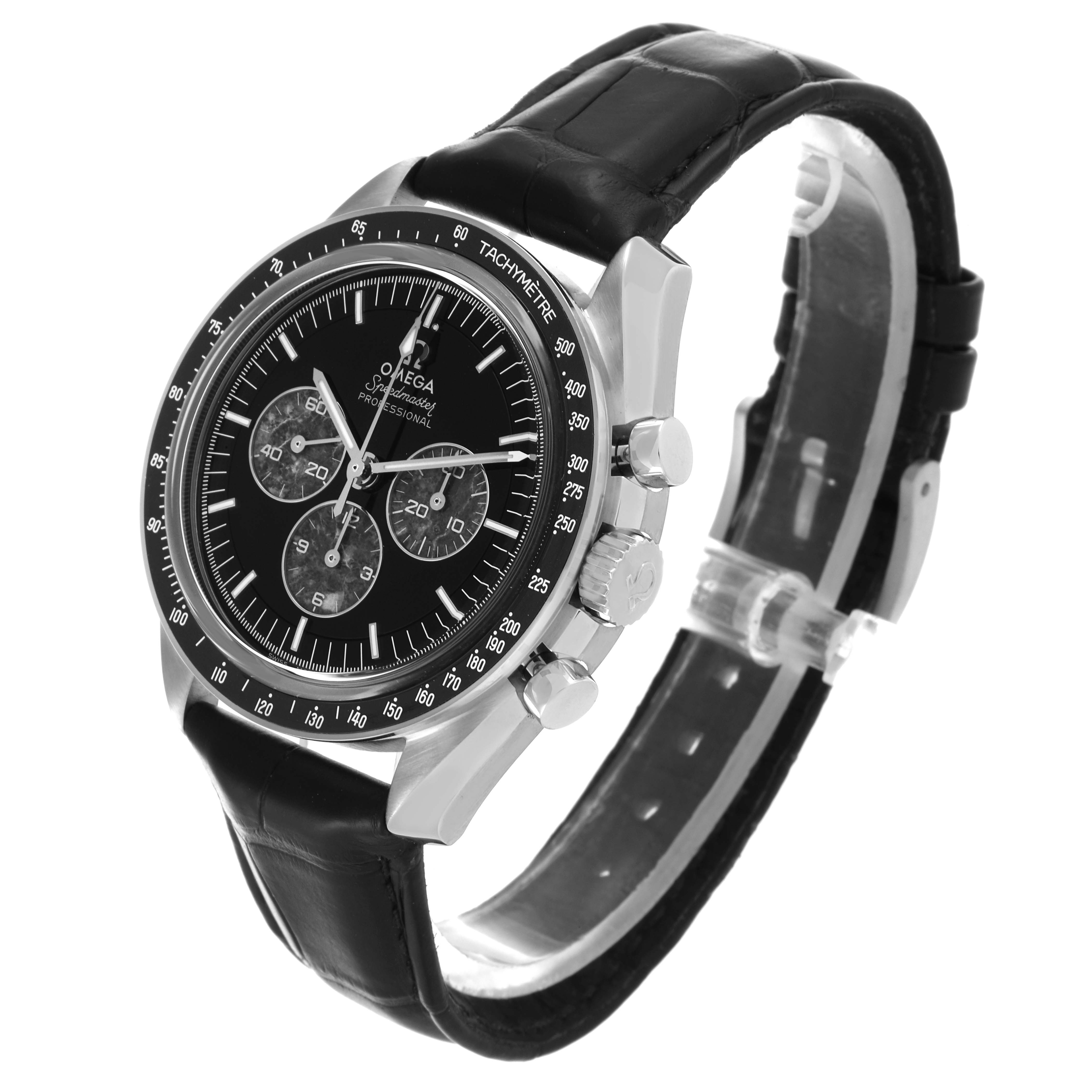 The Omega Speedmaster 311.93.42.30.99.001 Men's Platinum Black Dial 311.93.42.30.99.001 Men's Platinum Black Dial watch is shown at an angled side view, displaying the bezel, dial, pushers, and leather strap.