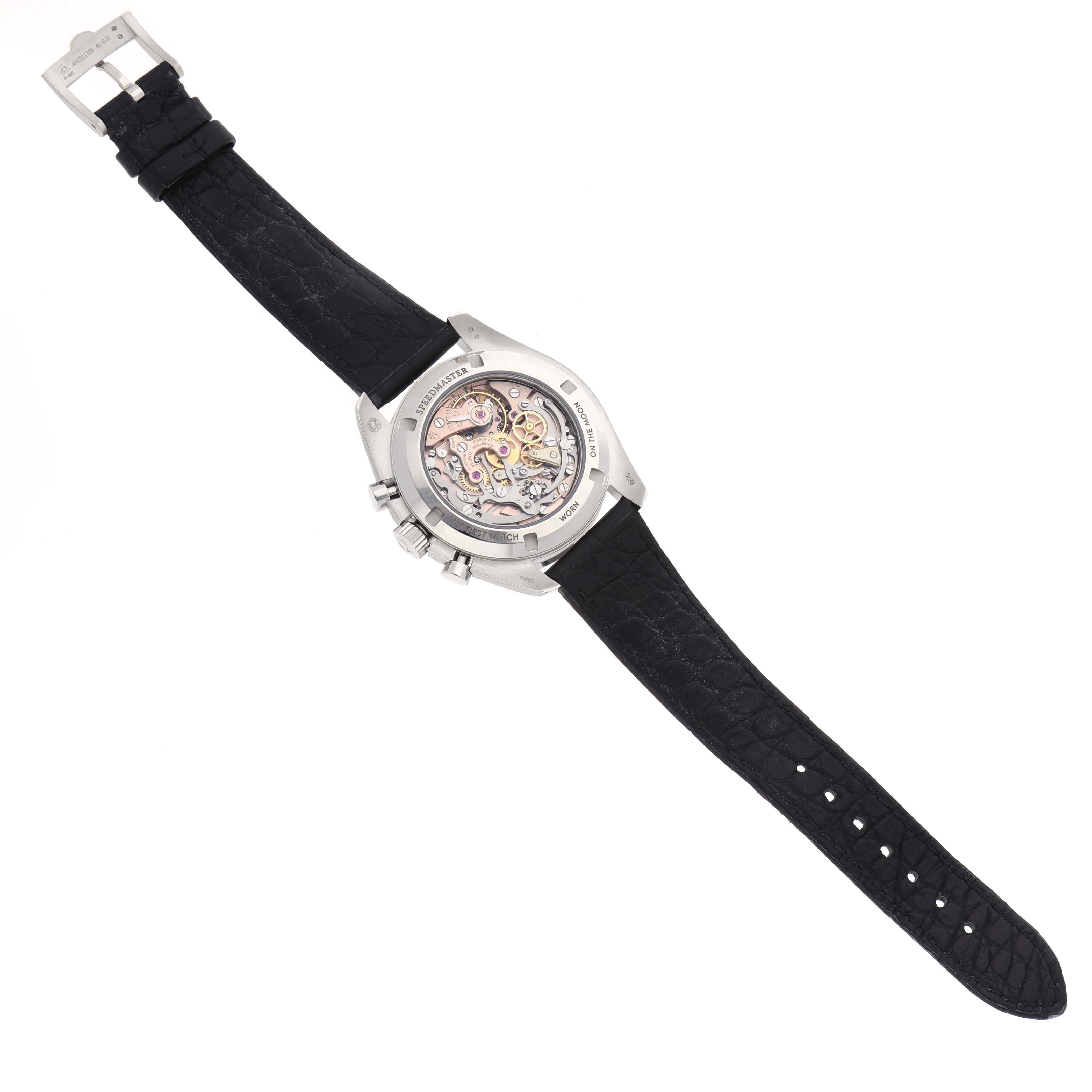 The Omega Speedmaster 311.93.42.30.99.001 Men's Platinum Black Dial 311.93.42.30.99.001 Men's Platinum Black Dial watch is shown from the back, displaying its movement and black strap.