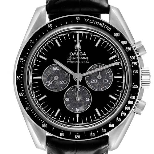 The image shows a front view of the Omega Speedmaster watch, highlighting the dial, tachymeter bezel, and chronograph subdials.