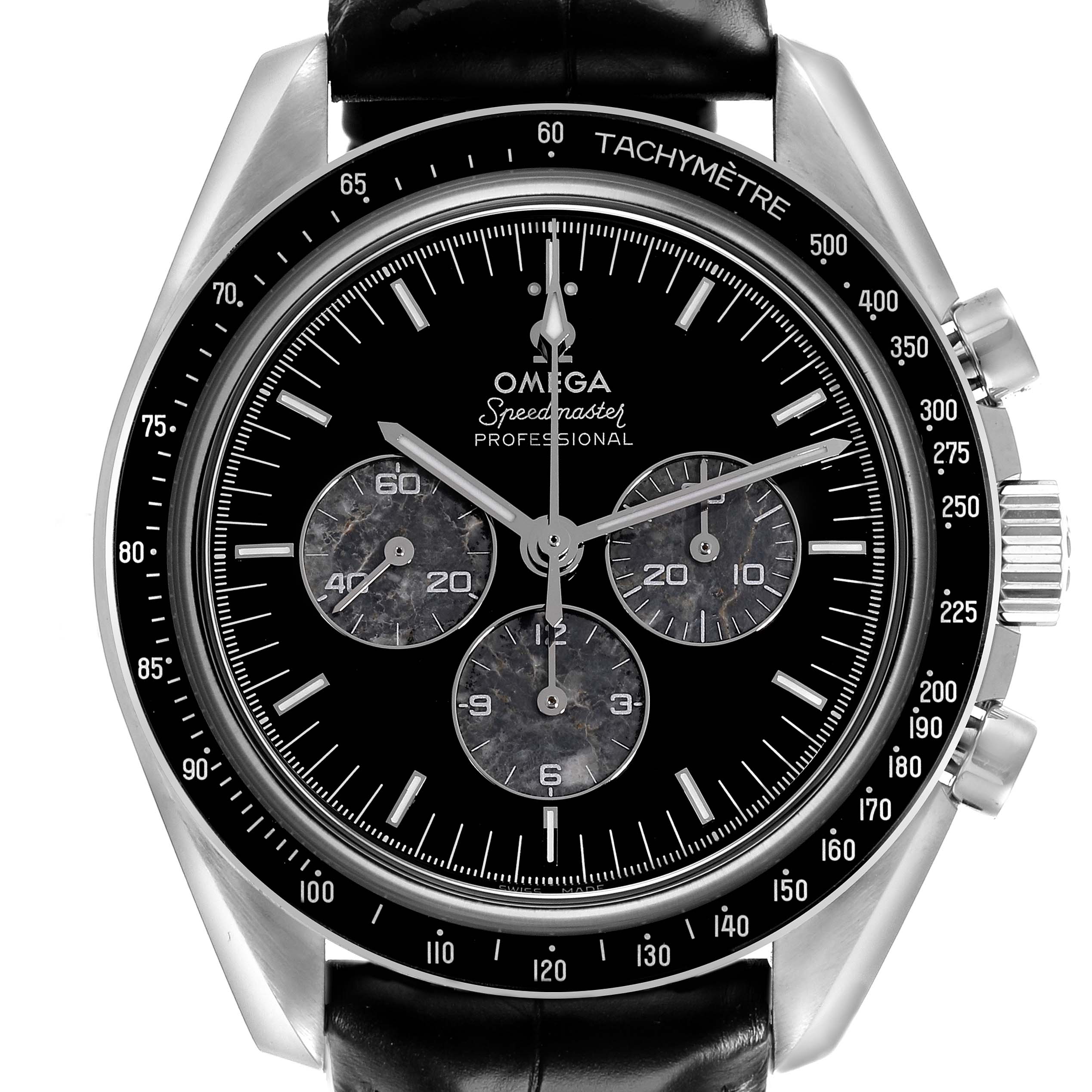 The Omega Speedmaster 311.93.42.30.99.001 Men's Platinum Black Dial 311.93.42.30.99.001 Men's Platinum Black Dial watch is shown from a front angle, highlighting the dial, bezel, and crown.