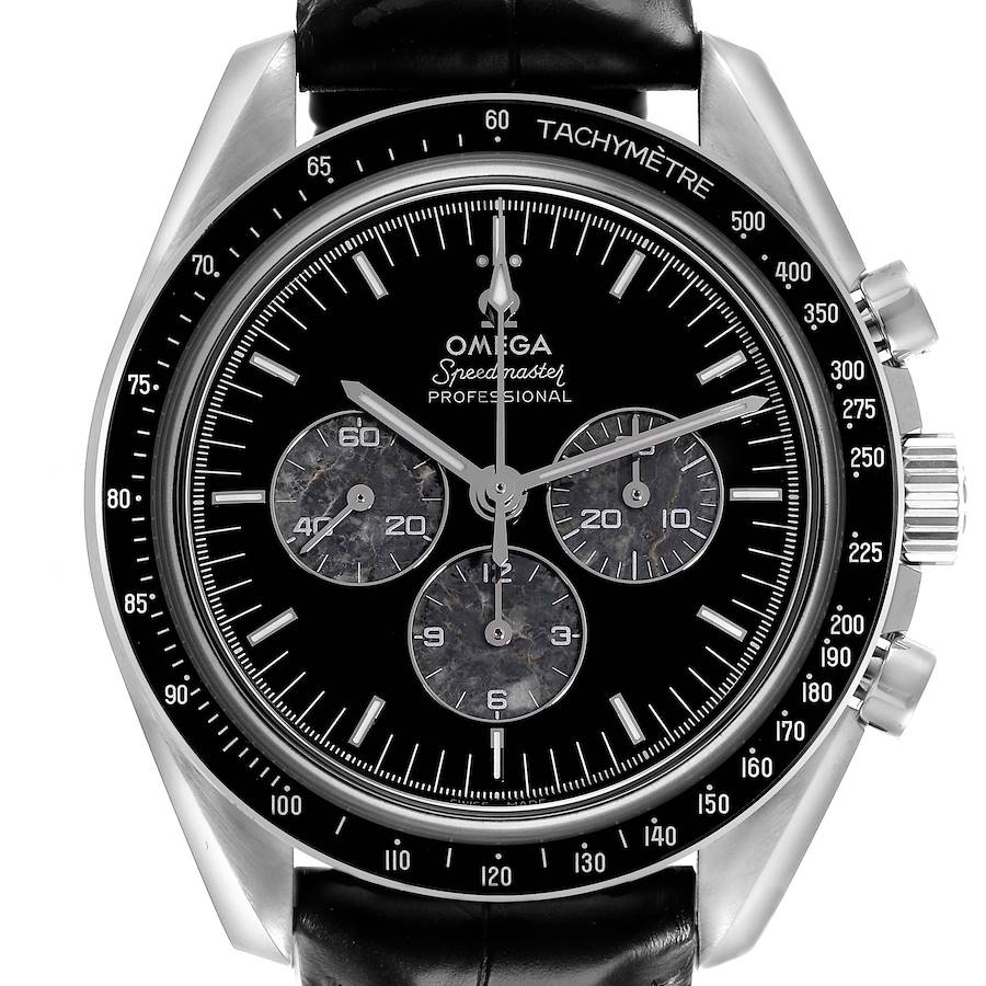 The Omega Speedmaster watch is shown from a front angle, highlighting the dial, bezel, and crown.