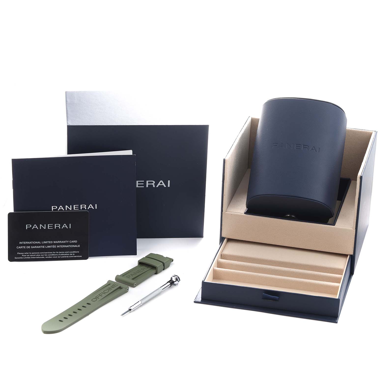 The image shows a Panerai Luminor PAM01624 Men's Stainless Steel Green Dial watch box, warranty card, strap, and tool from a top-down angle.