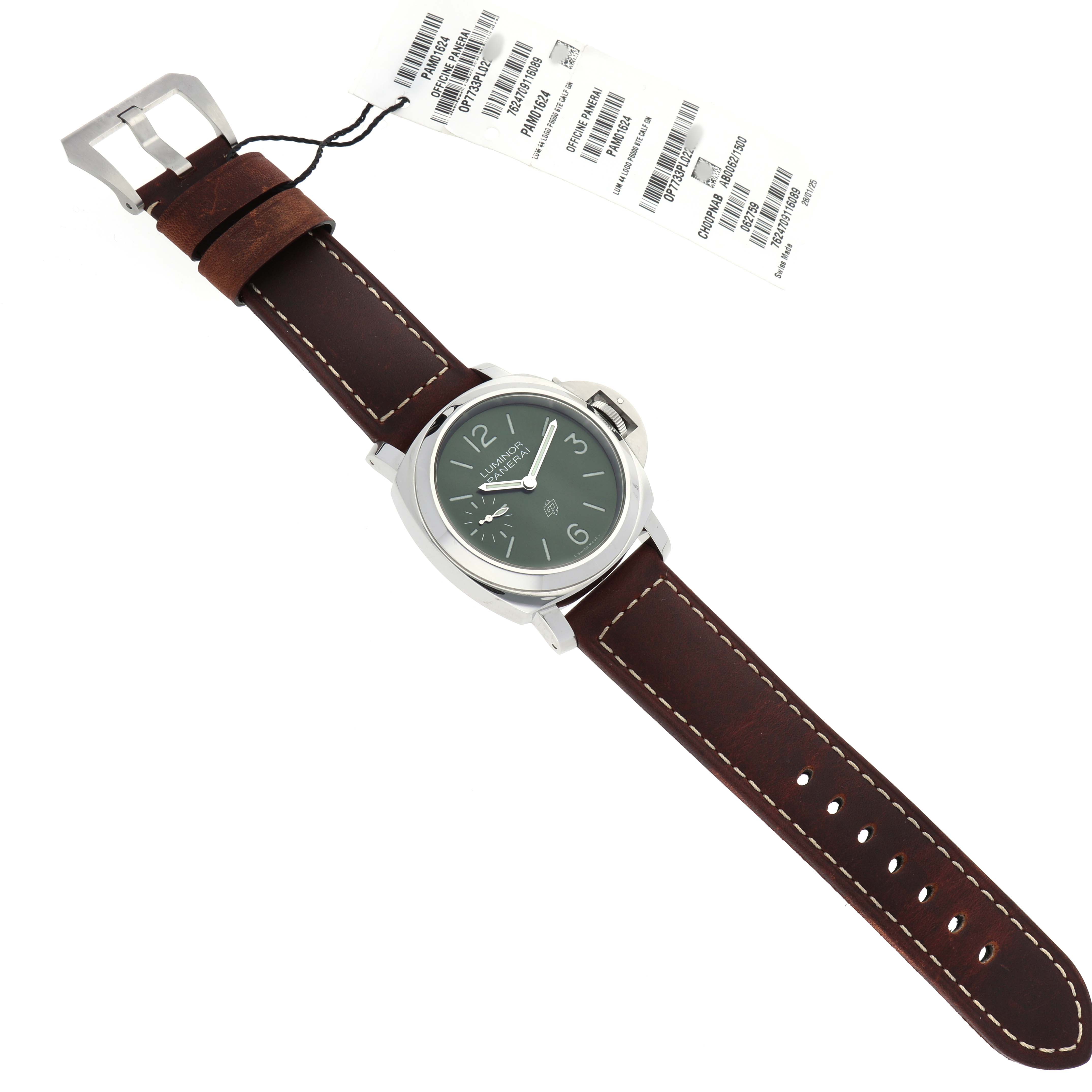 The Panerai Luminor PAM01624 Men's Stainless Steel Green Dial watch is shown at an angled top view, highlighting the green dial, brown leather strap, and buckle.