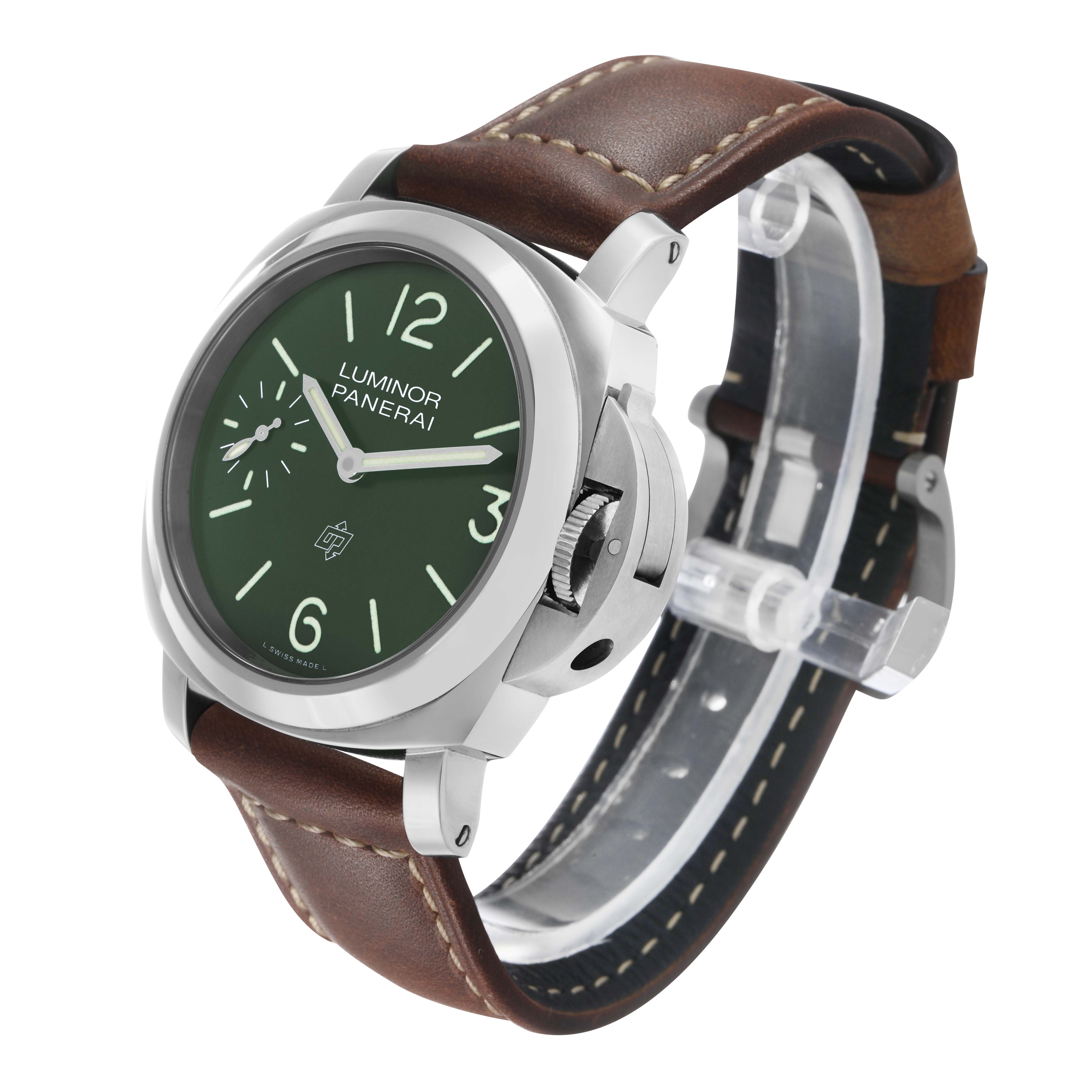 The Panerai Luminor PAM01624 Men's Stainless Steel Green Dial watch is shown from an angled side view, highlighting the case, crown guard, dial, and leather strap.