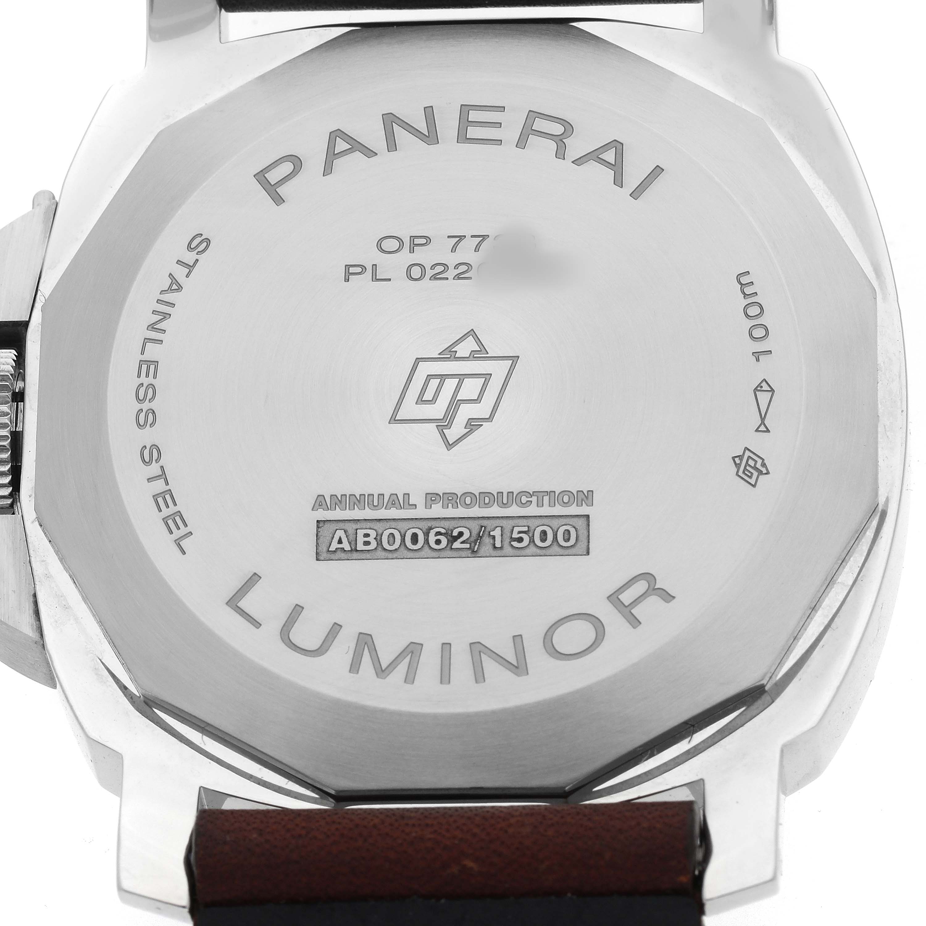 The image shows the back case of a Panerai Luminor PAM01624 Men's Stainless Steel Green Dial watch, highlighting the engravings and stainless steel material.