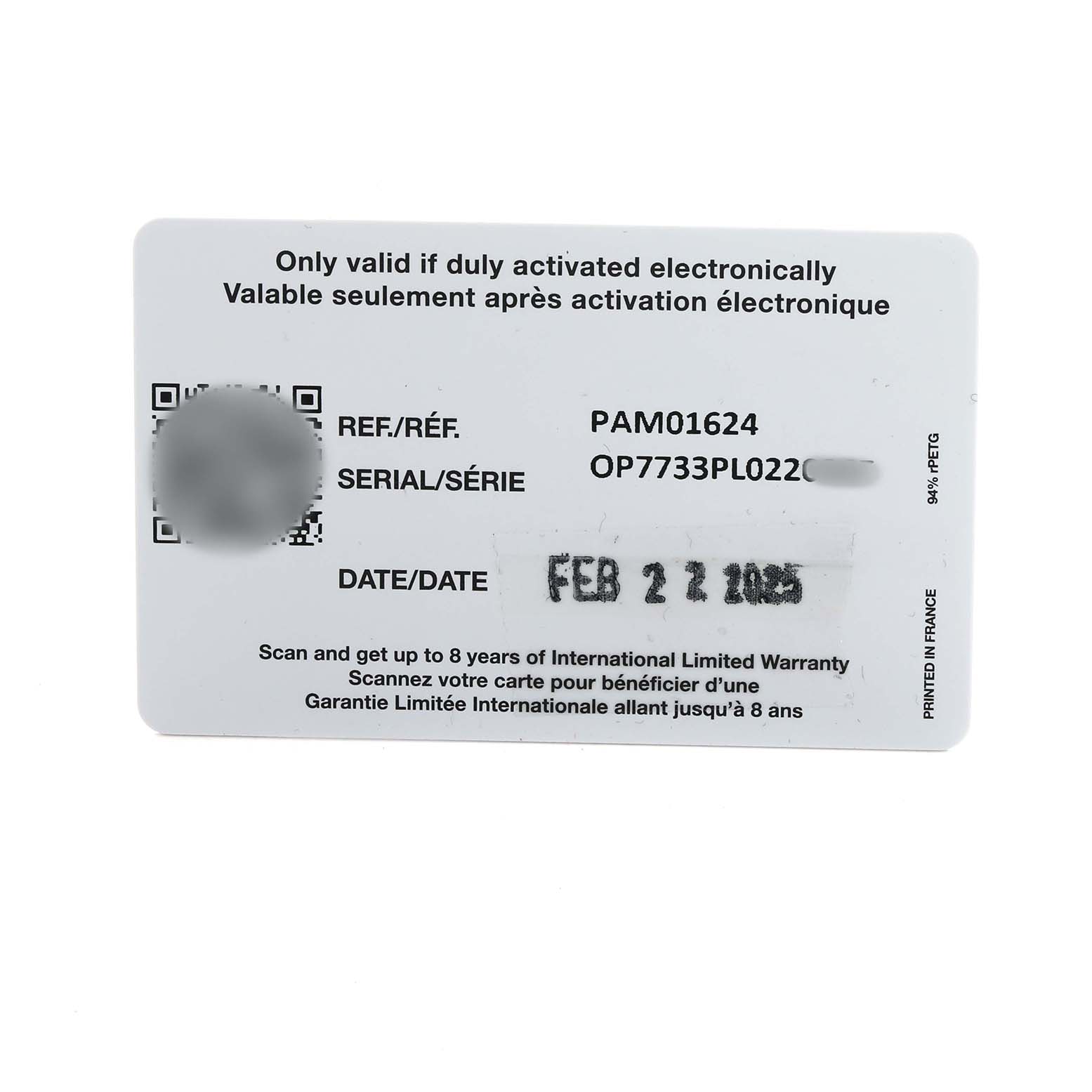 The image shows a warranty card for a Panerai Luminor PAM01624 Men's Stainless Steel Green Dial model, laying flat and displaying reference and serial numbers.