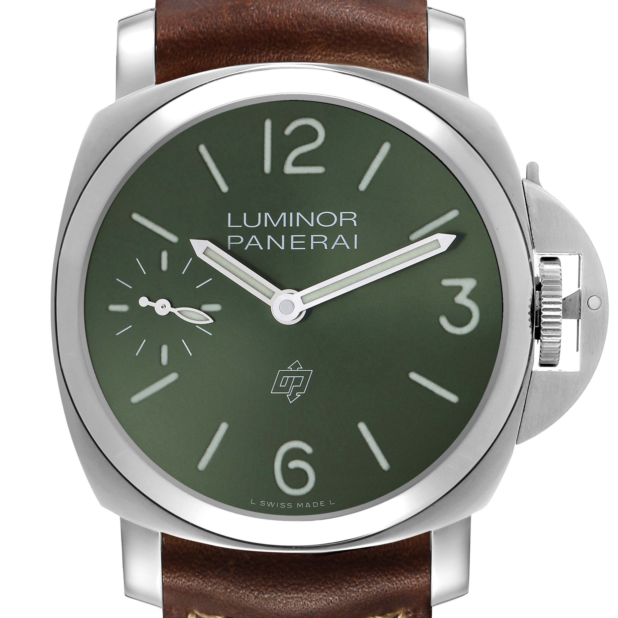 The Panerai Luminor PAM01624 Men's Stainless Steel Green Dial watch is shown from the front, displaying its green dial, crown guard, and brown strap.