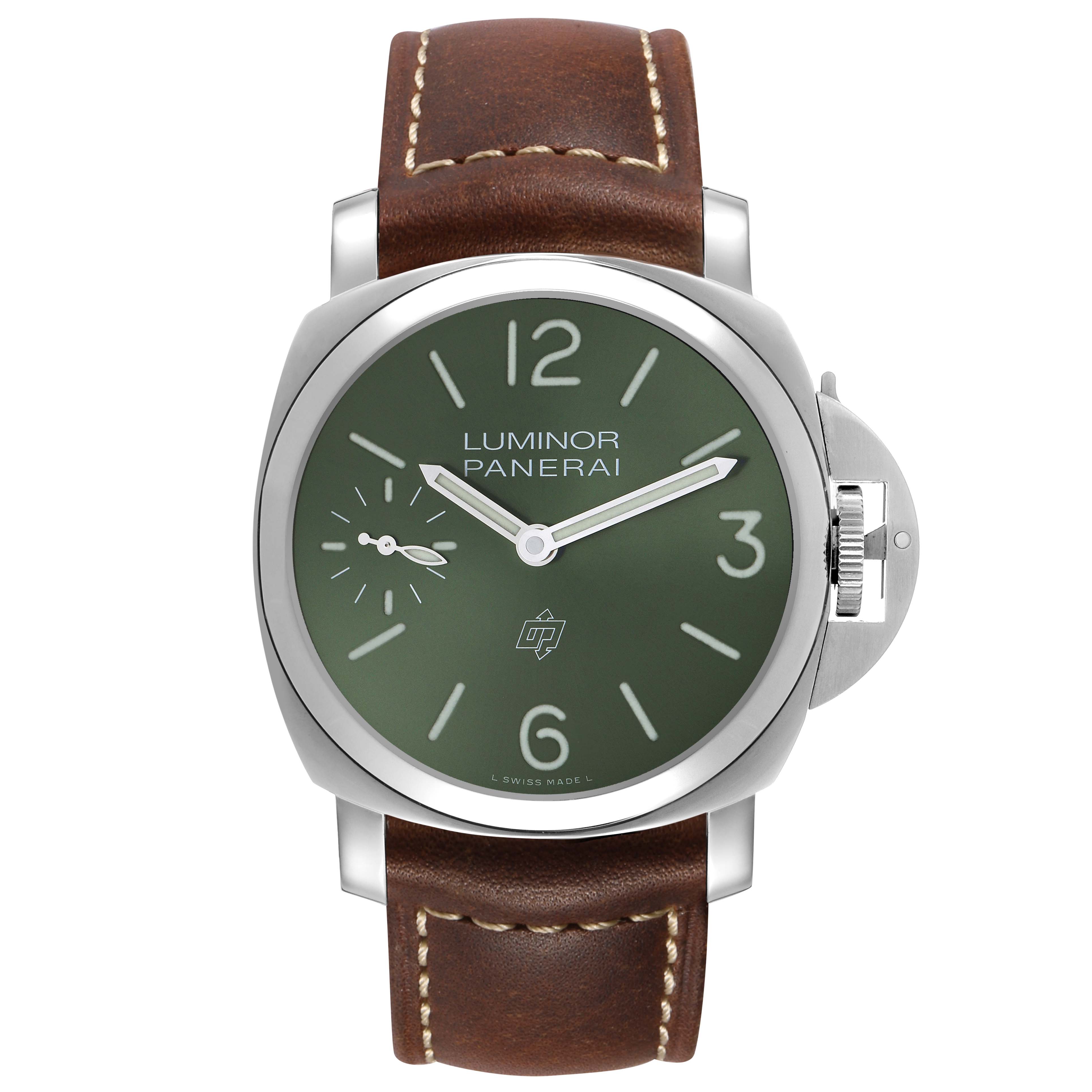 The image shows a Panerai Luminor PAM01624 Men's Stainless Steel Green Dial watch from a front angle, highlighting its green dial, large numerals, and brown leather strap.
