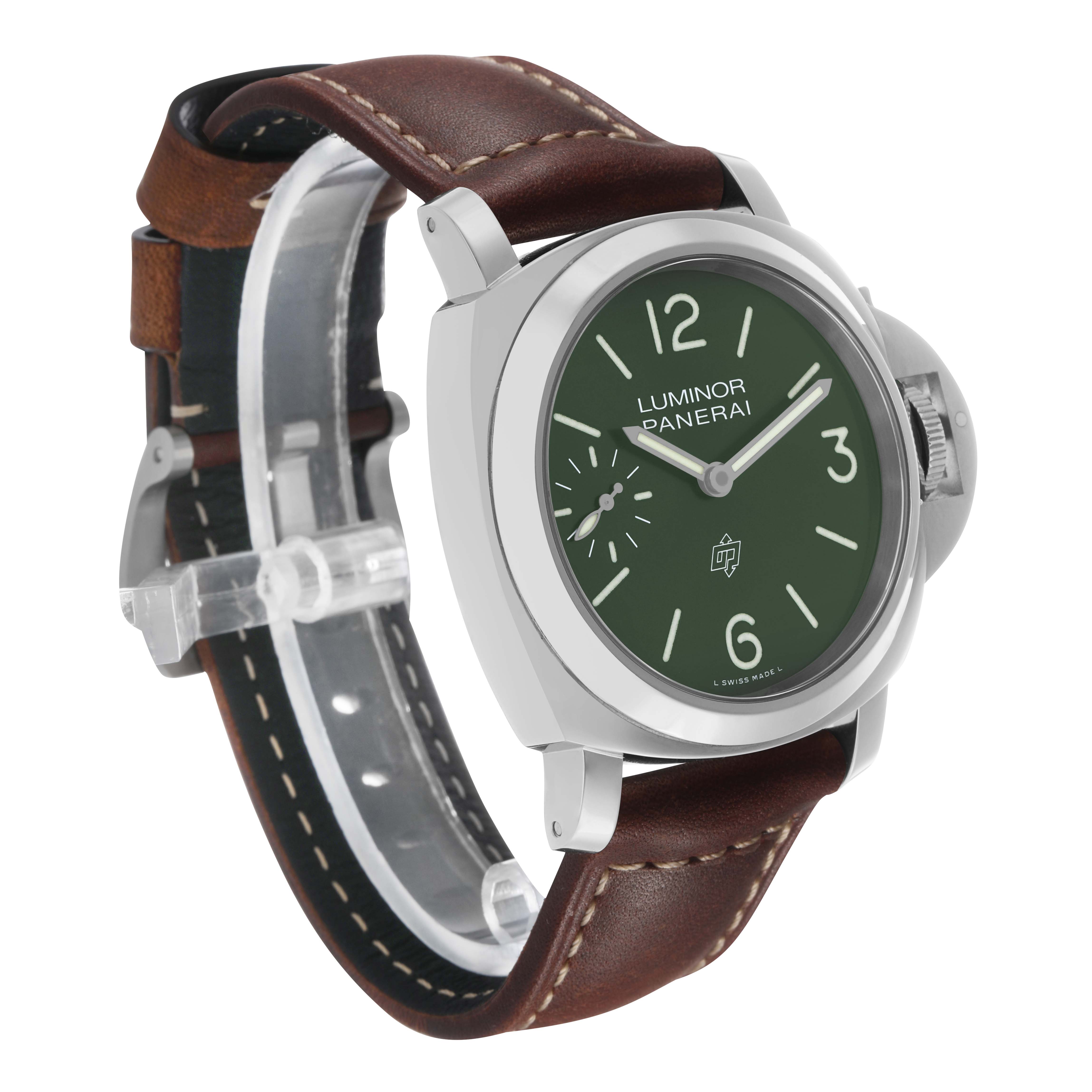 The Panerai Luminor PAM01624 Men's Stainless Steel Green Dial watch is shown at a 3/4 angle, highlighting the face, case, crown guard, and leather strap.