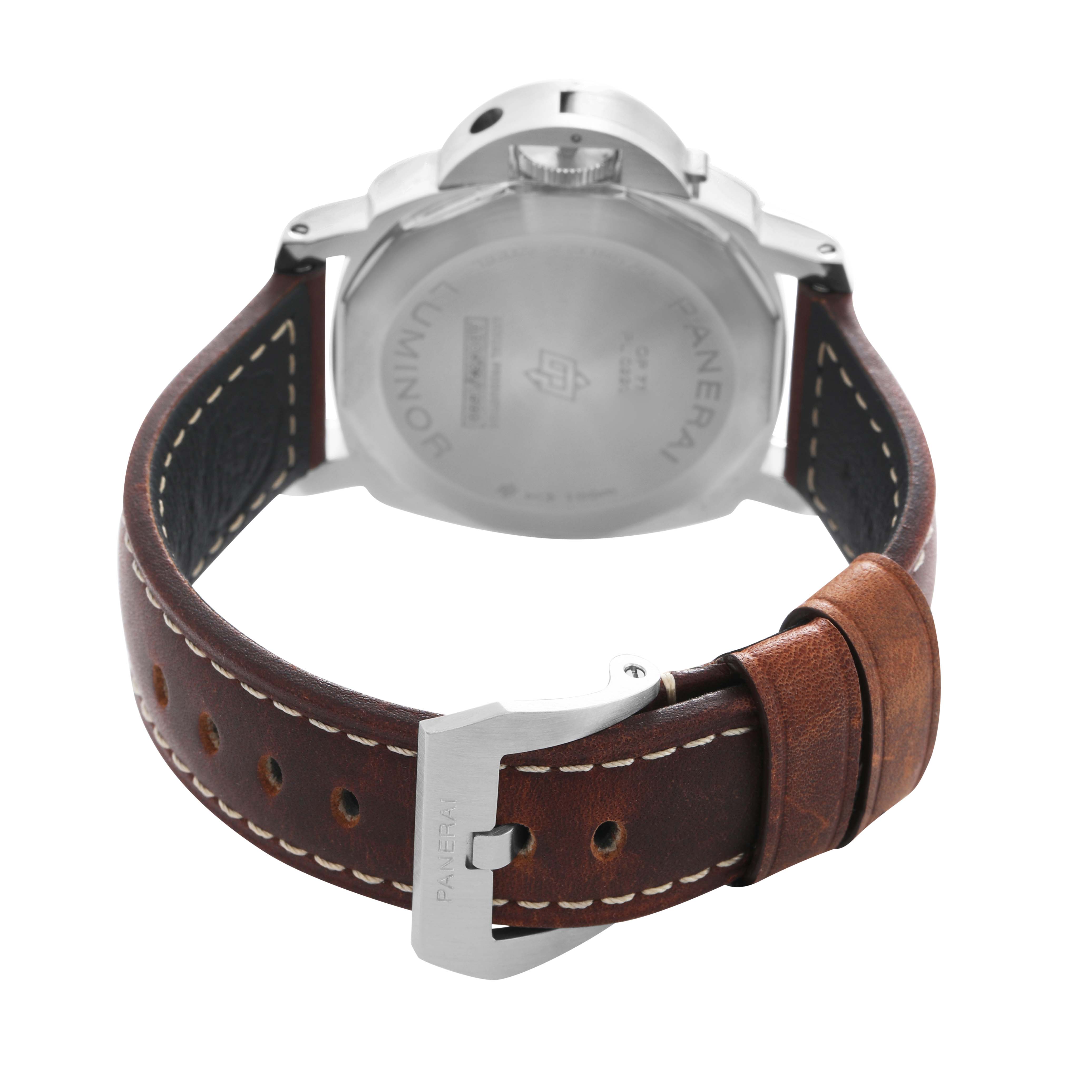 The image shows the back view of a Panerai Luminor PAM01624 Men's Stainless Steel Green Dial watch, highlighting the case back and brown leather strap with buckle.