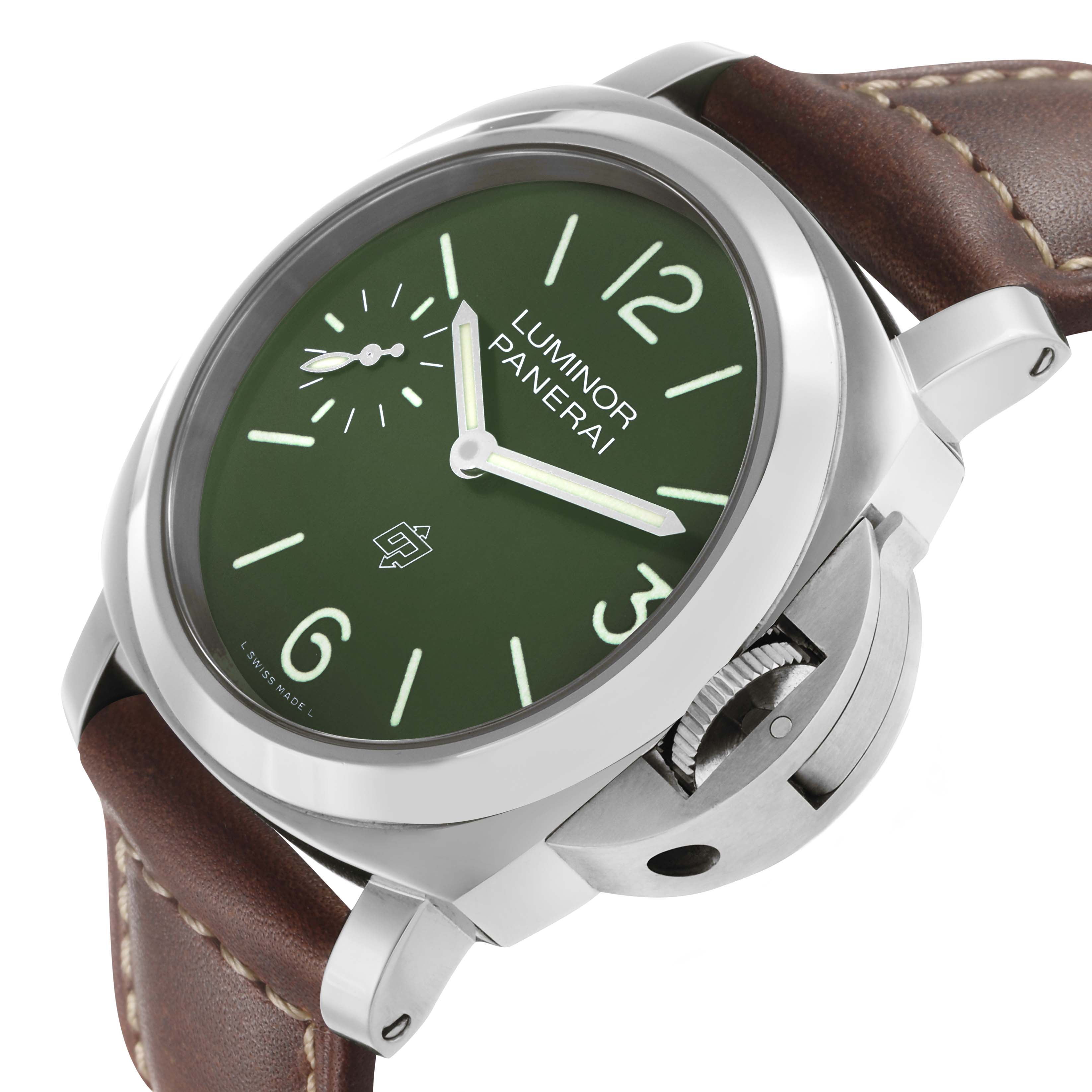 The Panerai Luminor PAM01624 Men's Stainless Steel Green Dial watch is shown from a side angle, highlighting the dial, crown guard, and brown leather strap.