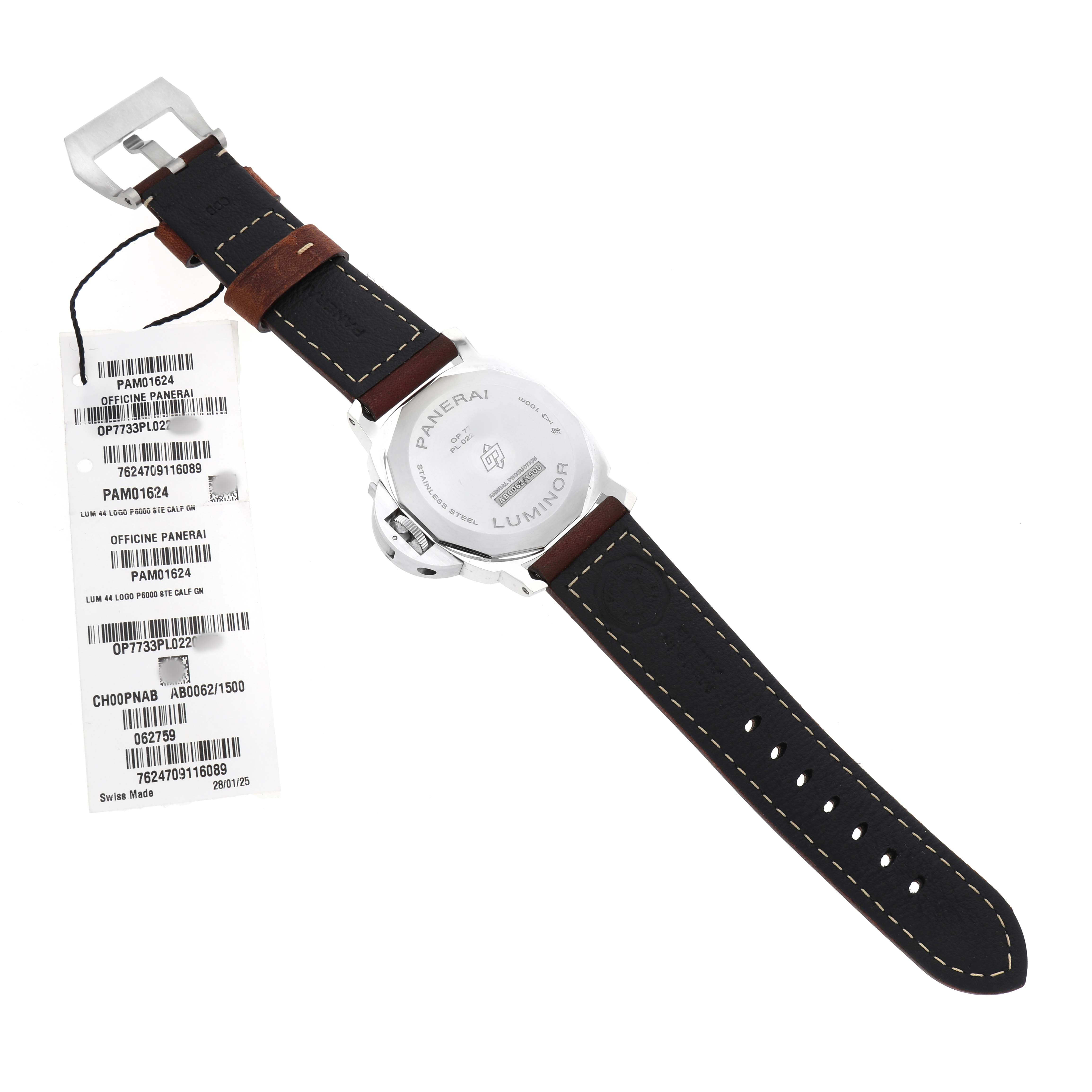 The image shows the rear and strap of a Panerai Luminor PAM01624 Men's Stainless Steel Green Dial model, highlighting the watch’s buckle and back case.