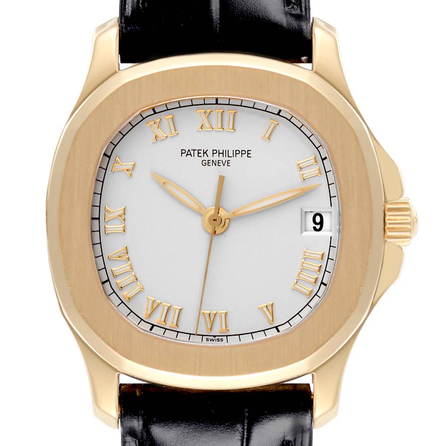 The Patek Philippe Aquanaut watch is shown from a front angle, highlighting the dial, gold case, and leather strap.