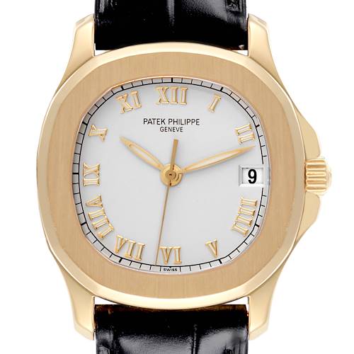 The image shows a front view of the Patek Philippe Aquanaut watch, highlighting the dial, hands, date window, and bezel.