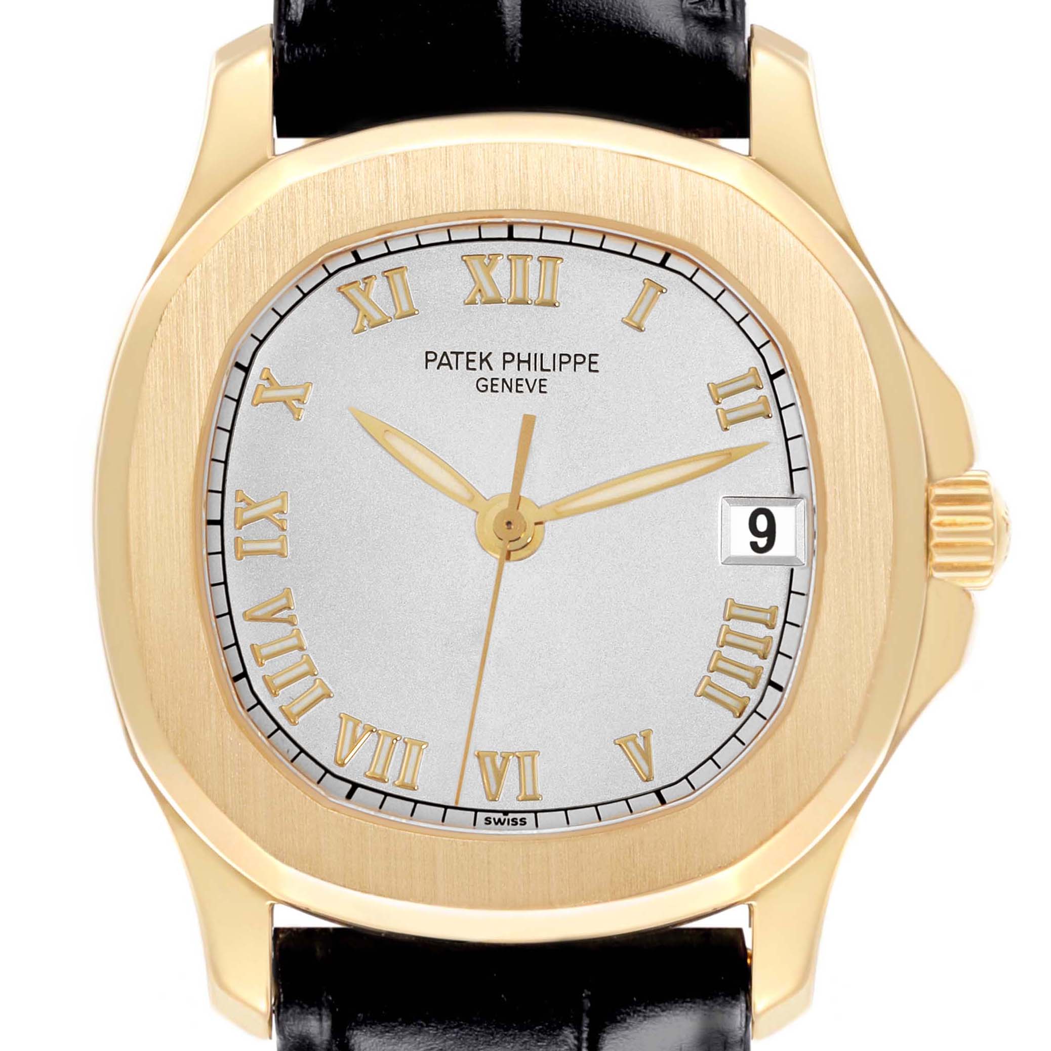 The Patek Philippe Aquanaut 5060 Men's Yellow Gold Silver Dial 5060 Men's Yellow Gold Silver Dial is shown from the front, highlighting its gold case, Roman numerals, and leather strap.