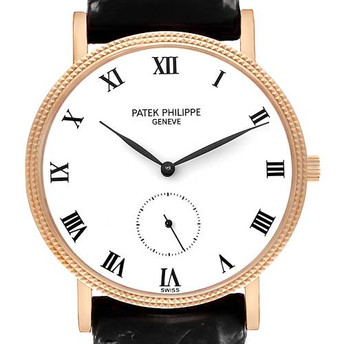 The Patek Philippe Calatrava 3919R Men's Rose Gold White Dial watch is shown from a front angle, highlighting the bezel, dial, and hands.