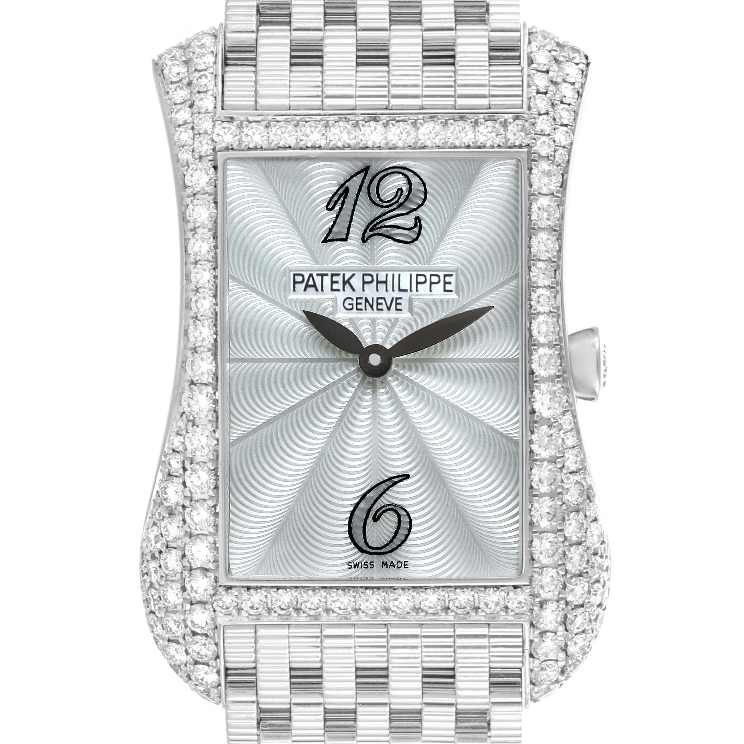 The Patek Philippe Gondolo 4972/1G-001 Women
s White Gold Mother of Pearl Dial watch is shown front-on, displaying the face, diamond-studded bezel, and part of the bracelet.