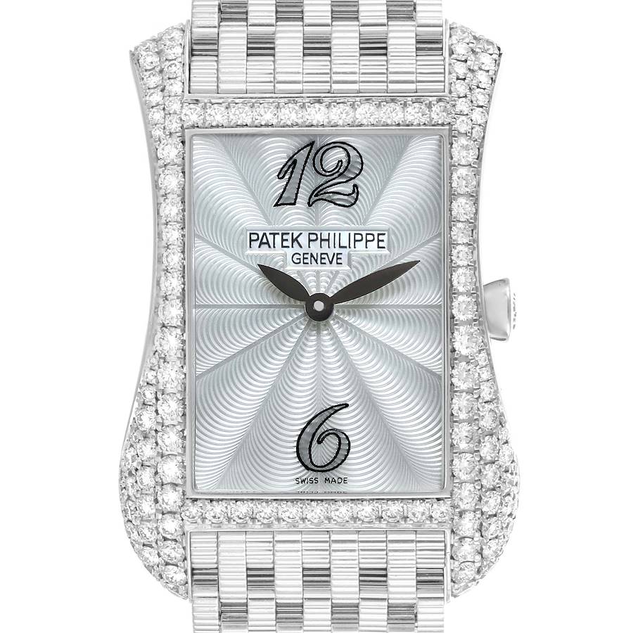 The Patek Philippe Gondolo 4972/1G-001 Women's White Gold Mother of Pearl Dial watch is shown front-on, displaying the face, diamond-studded bezel, and part of the bracelet.