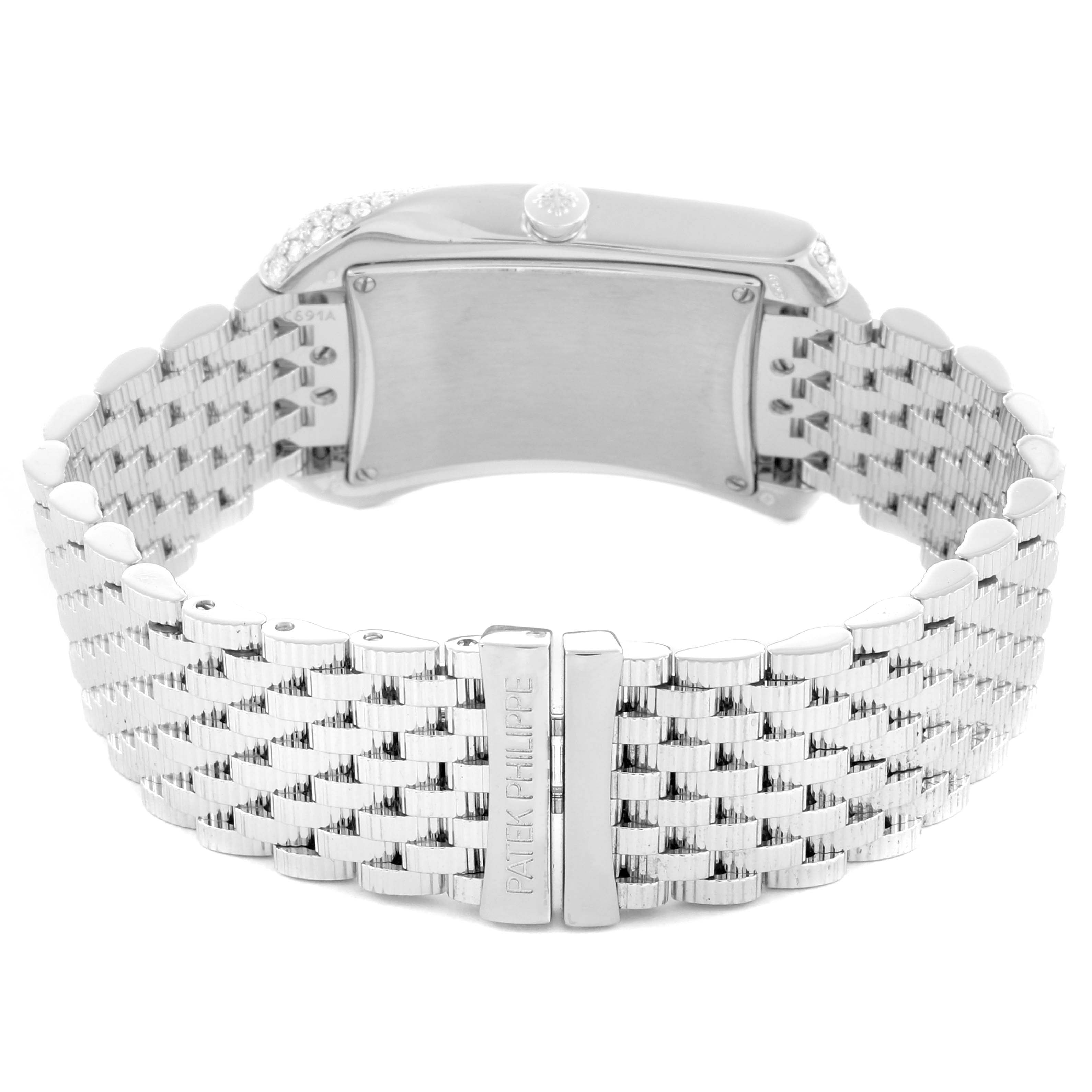 The Patek Philippe Gondolo 4972/1G-001 Women
s White Gold Mother of Pearl Dial watch is shown from the back, highlighting its clasp and bracelet links.