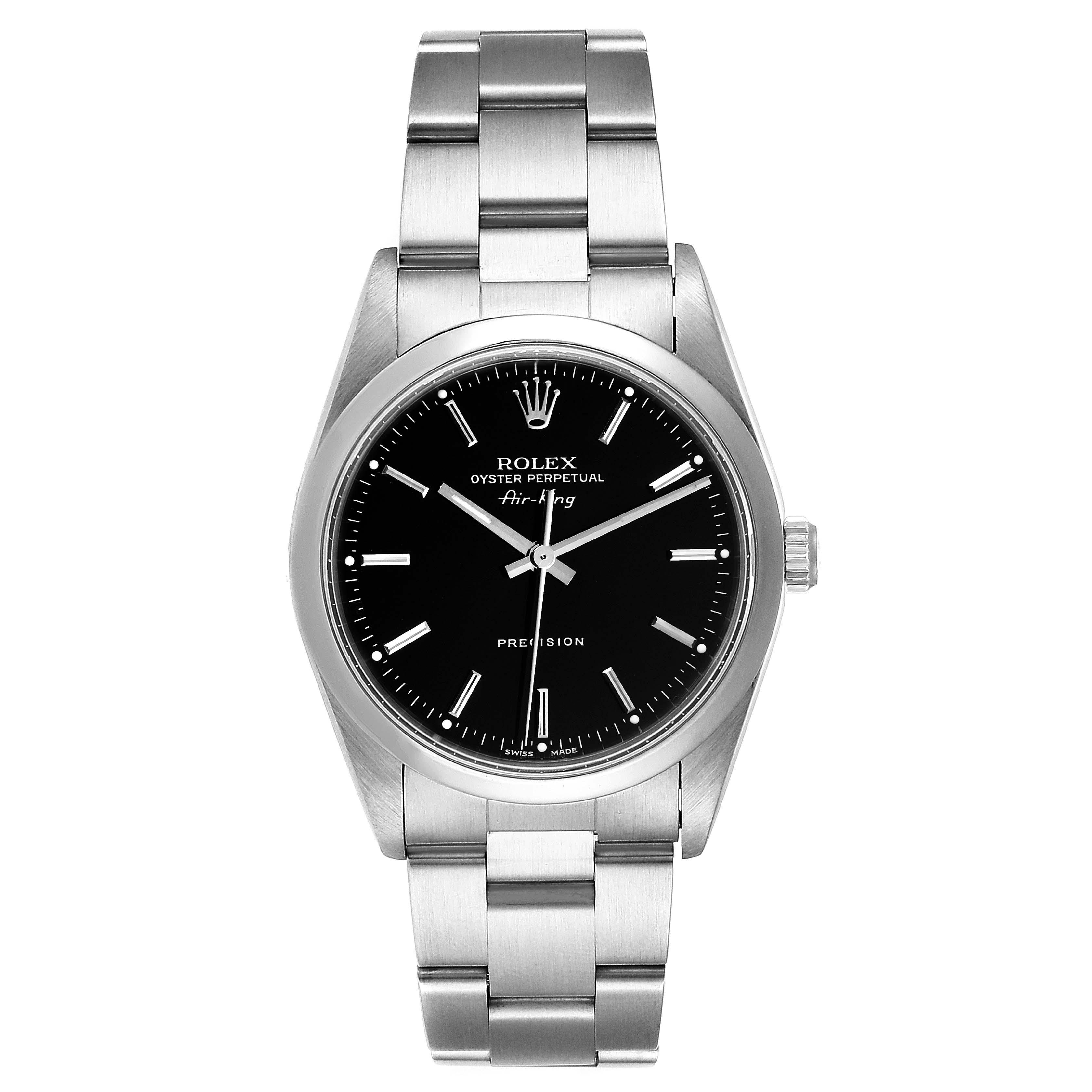 The Rolex Air-King 14000 Men's Stainless Steel Black Dial 14000 Men's Stainless Steel Black Dial watch is shown from the front, displaying its dial, bezel, and metal bracelet.