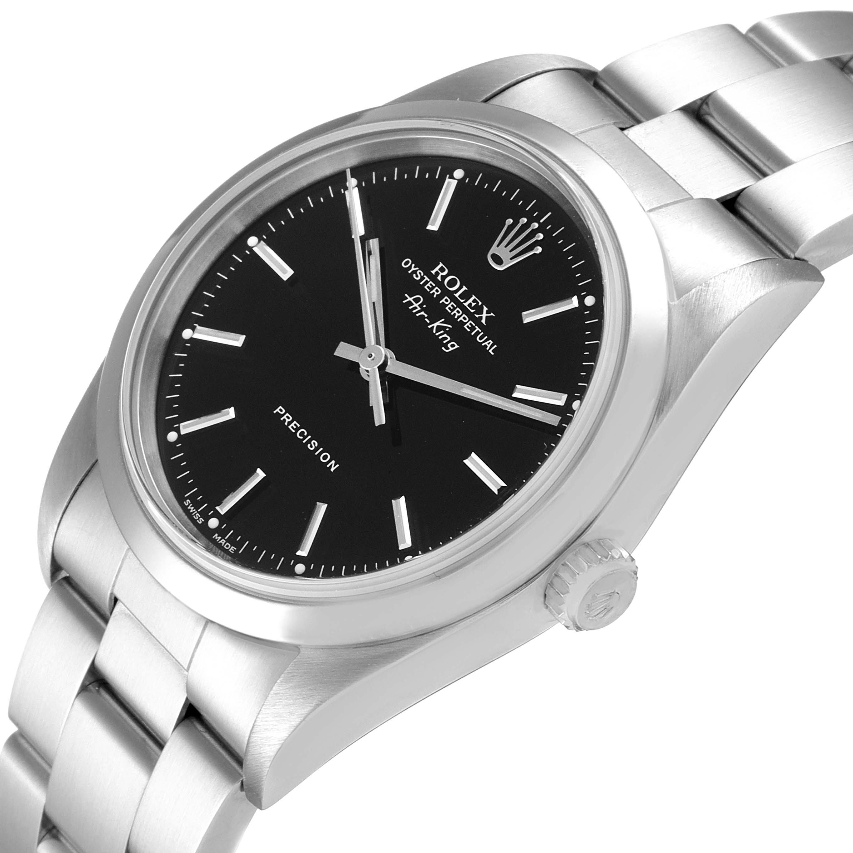 This image shows the front and right side of a Rolex Air-King 14000 Men's Stainless Steel Black Dial 14000 Men's Stainless Steel Black Dial watch, highlighting its dial, bezel, and bracelet.